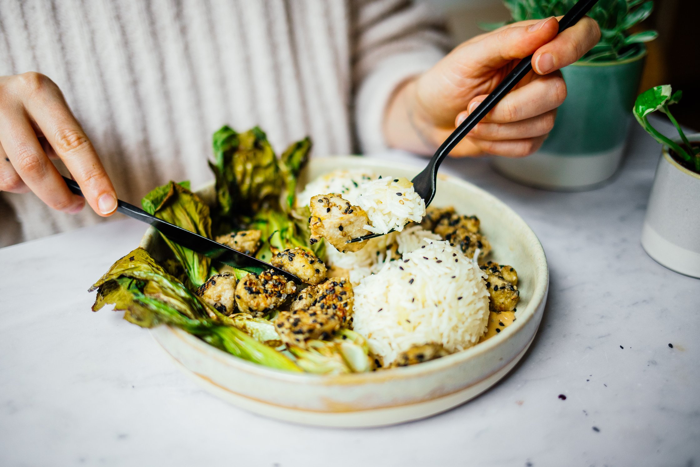 eine Person isst veganen Knoblauchreis mit Tofu