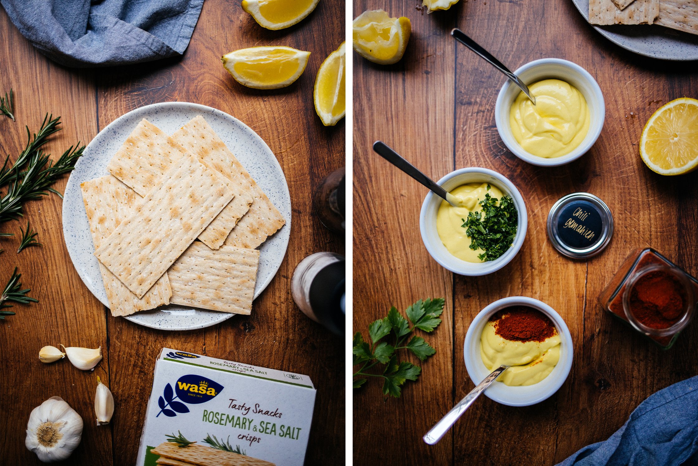 veganes Knäckebrot und drei verschiedene Sorten vegane Aioli