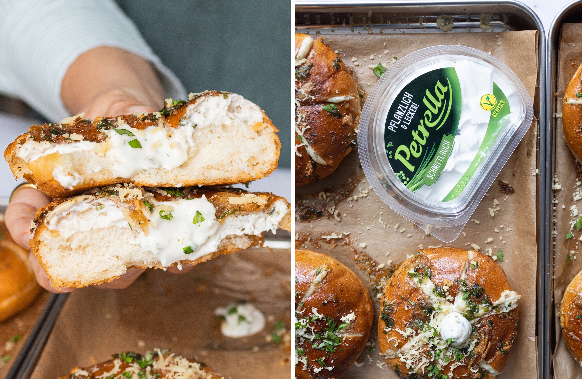 Left: two filled burger bun halves stacked on top of each other. Right: vegan Petrella cream cheese on a baking sheet between