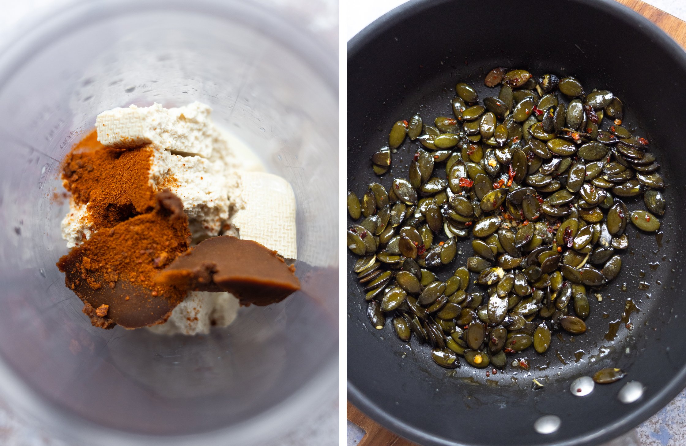 links: tofu creme zutaten in einem Gefäß
rechts: kürbiskerne mit chiliflocken in einer pfanne