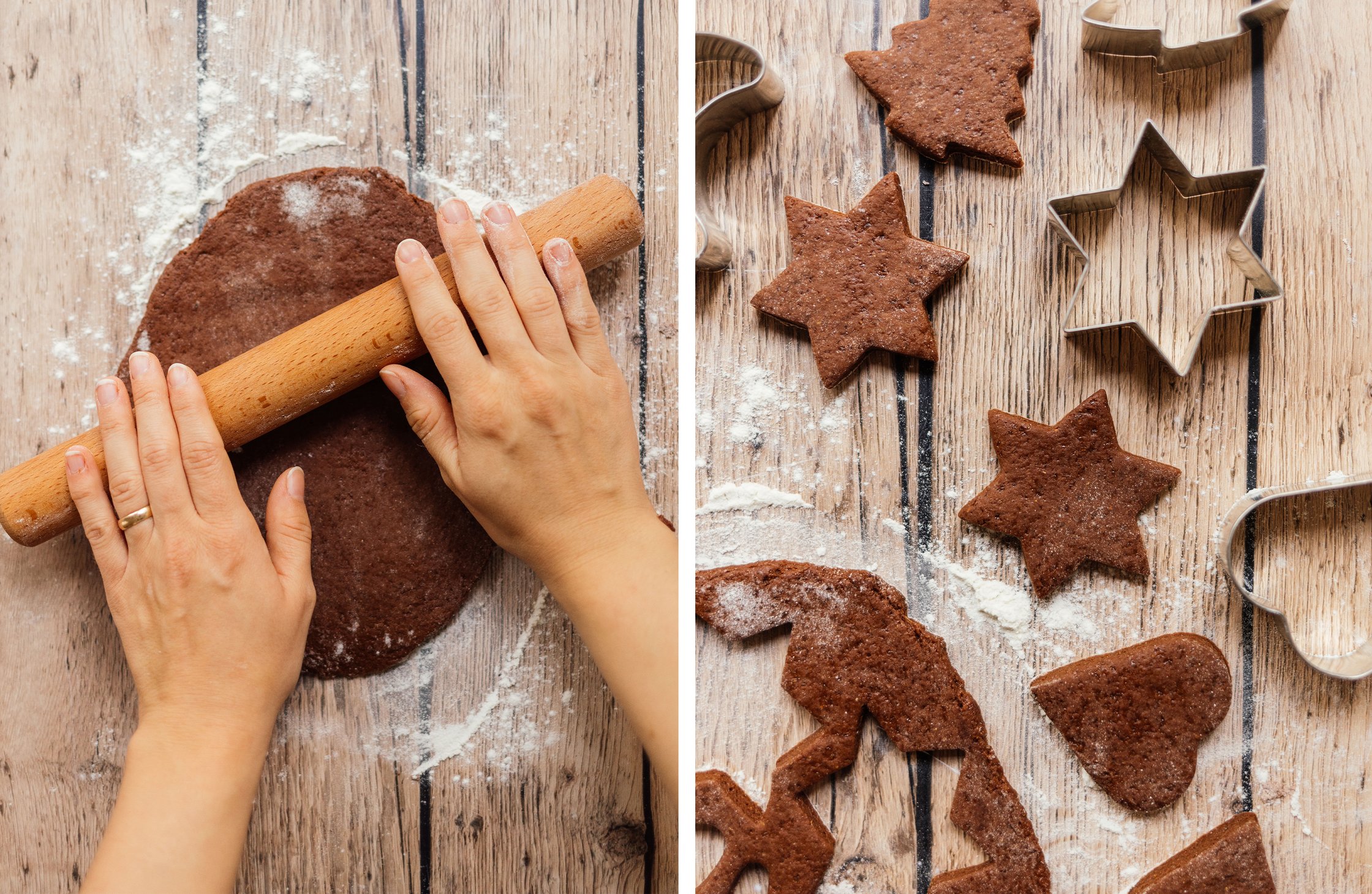 Teig für vegane Lebkuchen wird ausgerollt und mit Formen ausgestochen