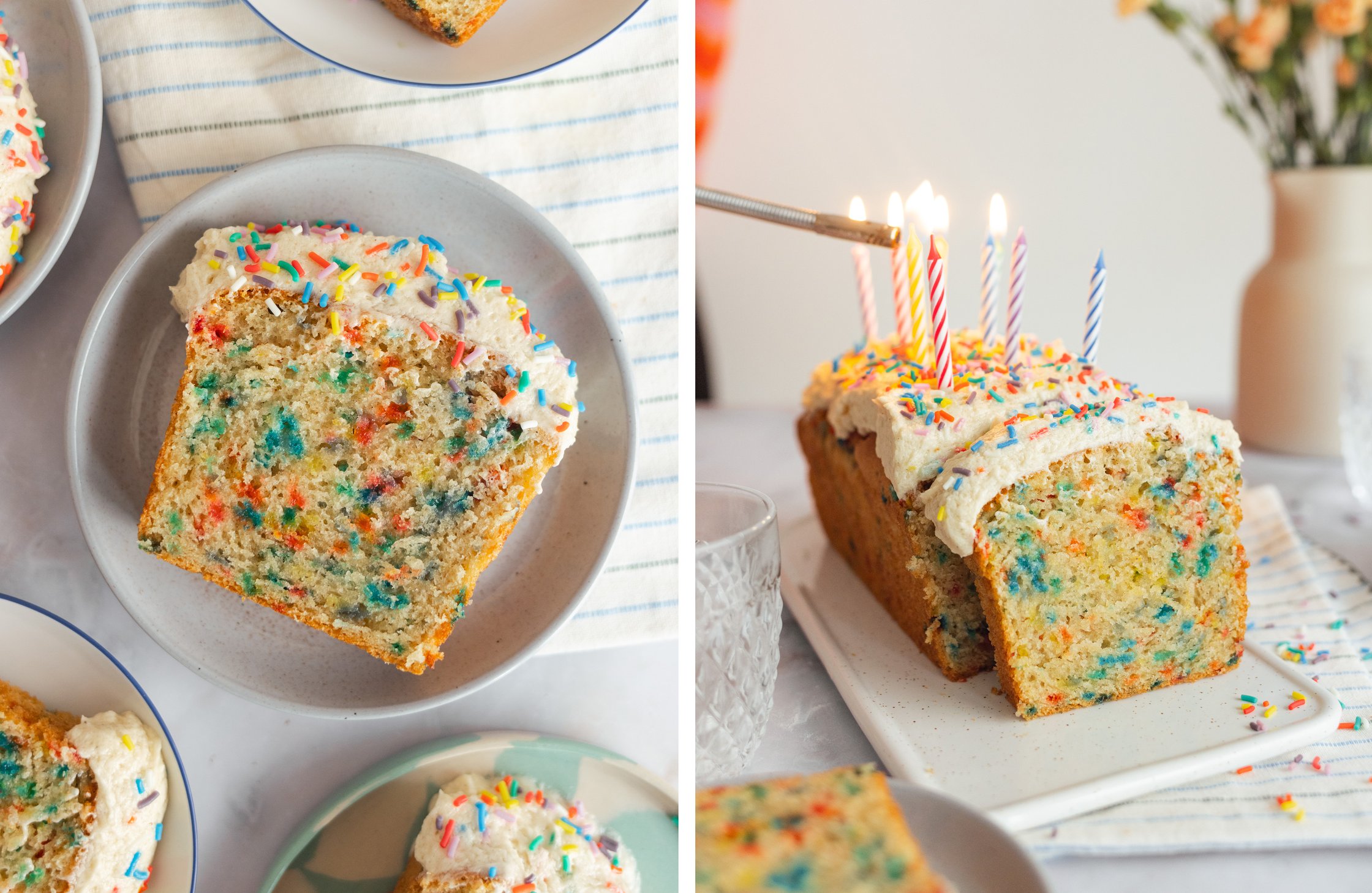 ein Stück veganer Funfetti Cake auf einem Teller; Kerzen auf dem Kuchen werden angezündet