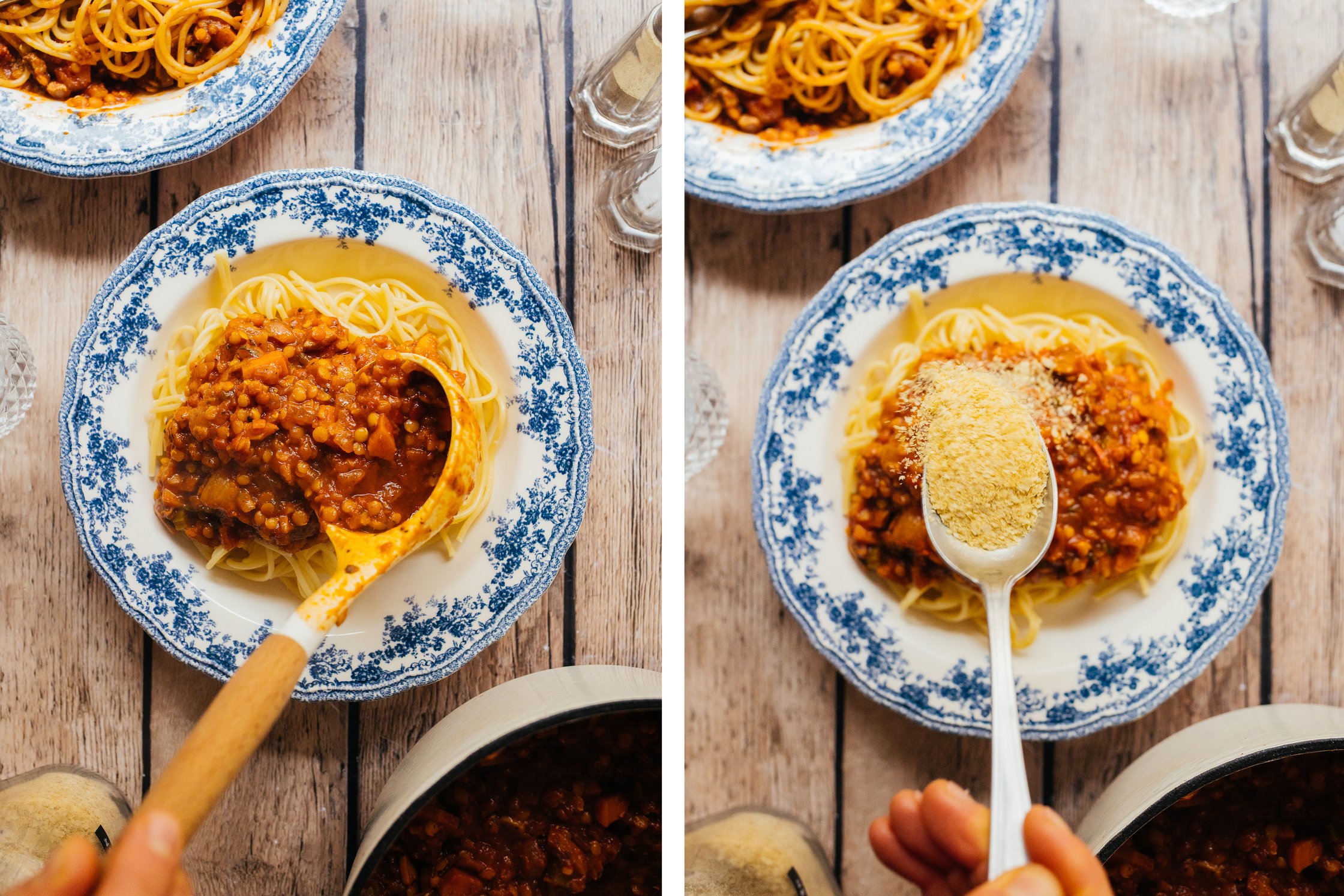 vegane Linsen-Bolognese wird auf Spaghetti gegeben