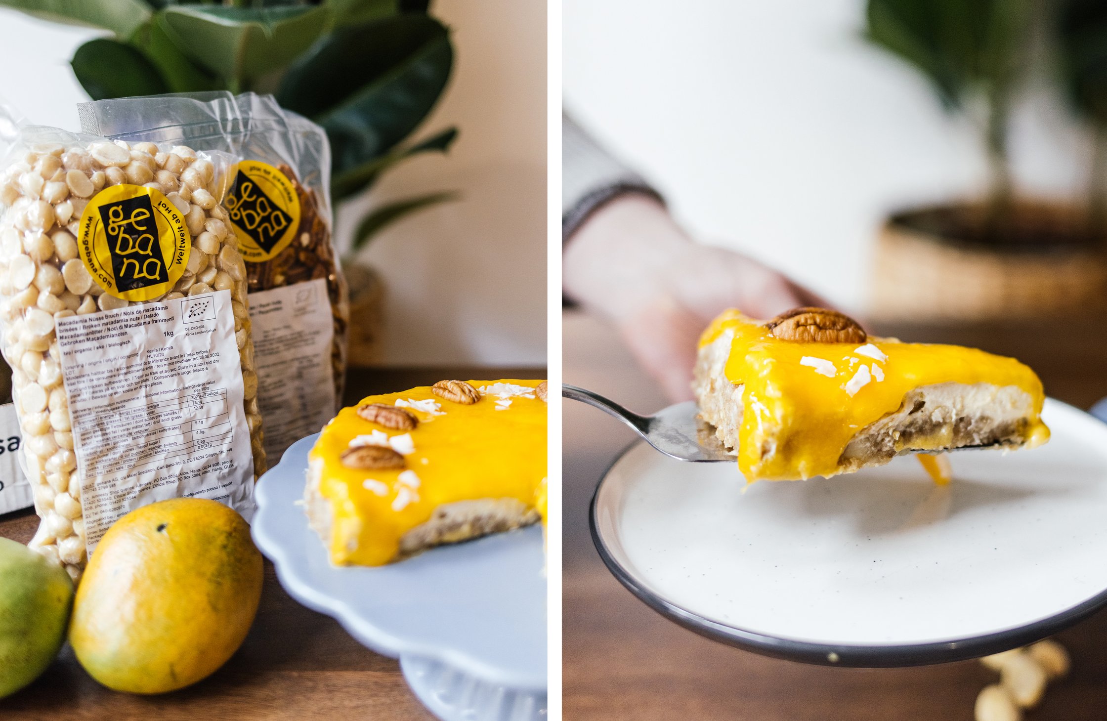 Nüsse verpackt; ein Stück No Bake Mango Cheesecake