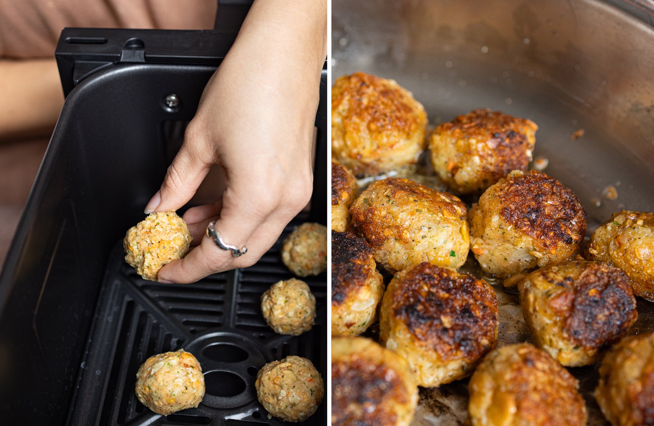 Zweigeteiltes Bild mit den veganen Hackbällchen im Airfryer (links) und in der Pfanne (rechts).