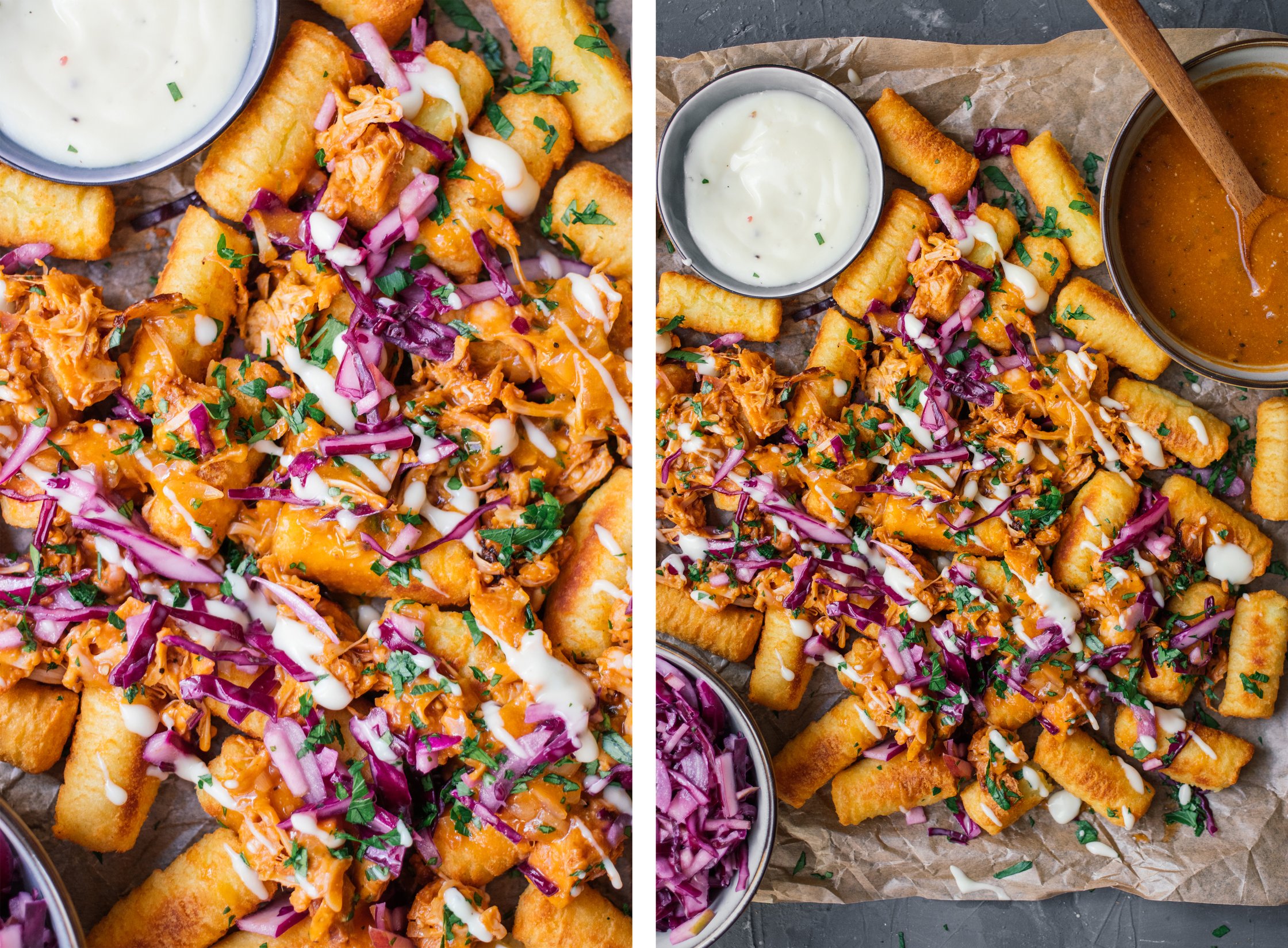 Loaded Tater Tots with Jackfruit, Red Cabbage, And Quick Vegan Gravy