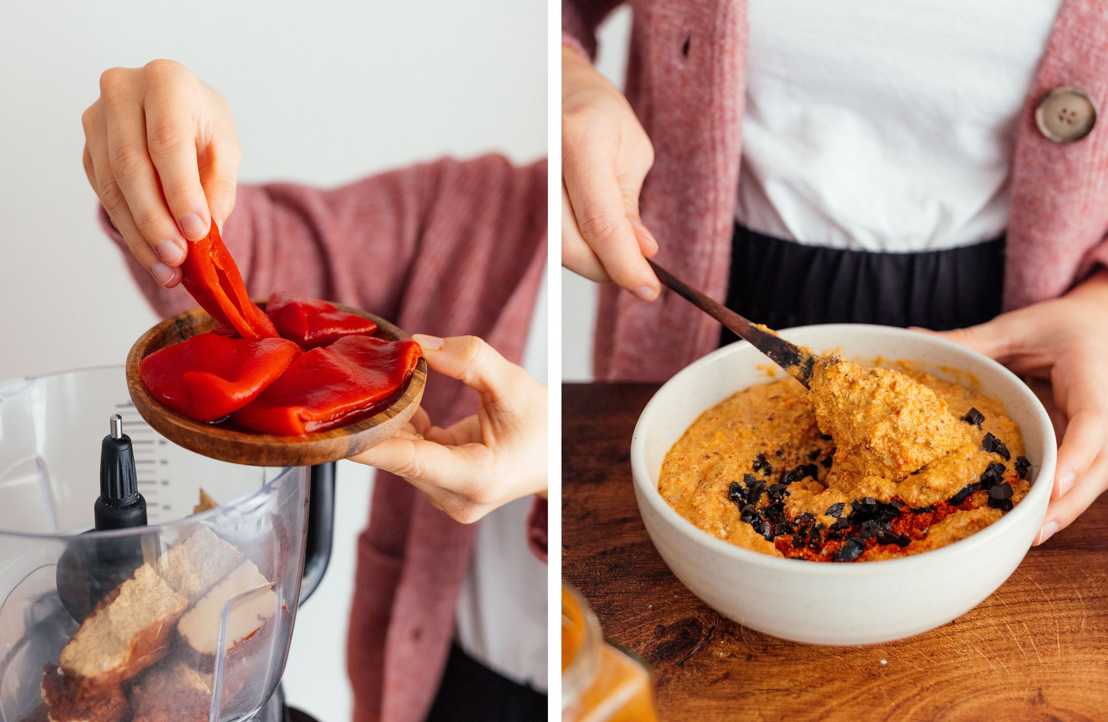gegrillte Paprika wird in den Mixer gegeben; Oliven und Paprikapulver werden unter den Aufstrich gerührt