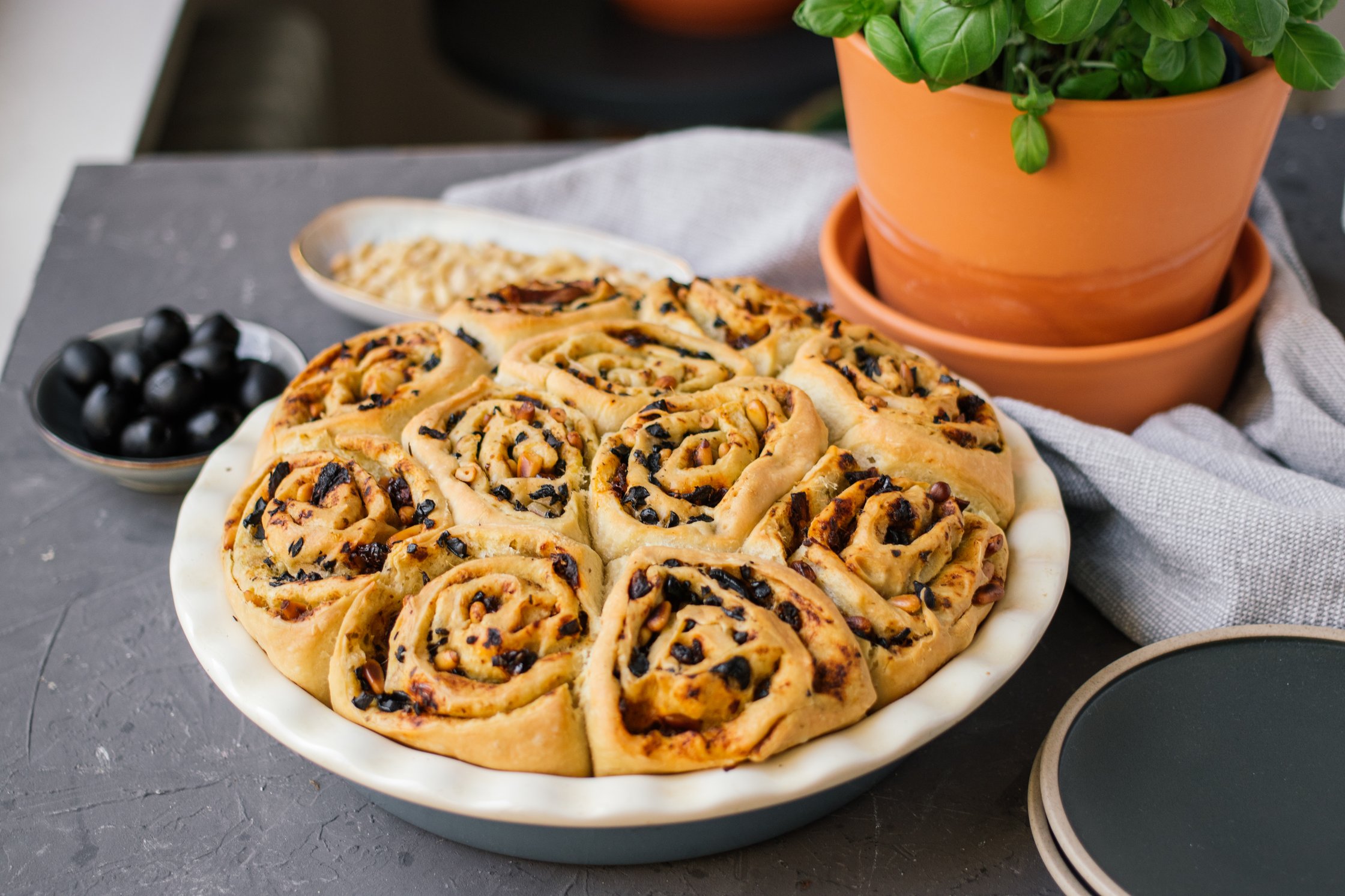 vegan Pesto Yeast Buns served in baking dish