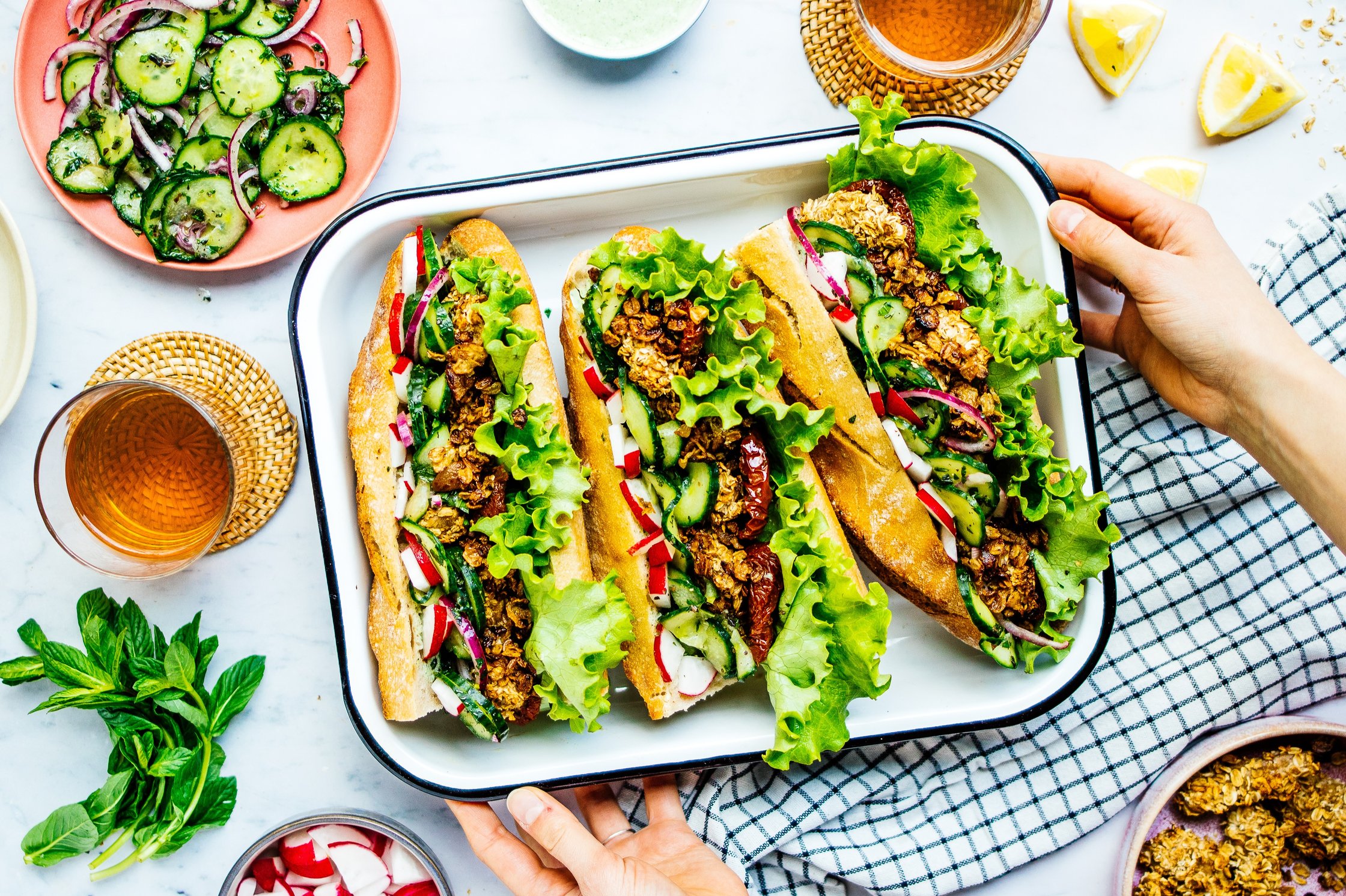 vegan crispy chicken sandwich with mint and basil dip
