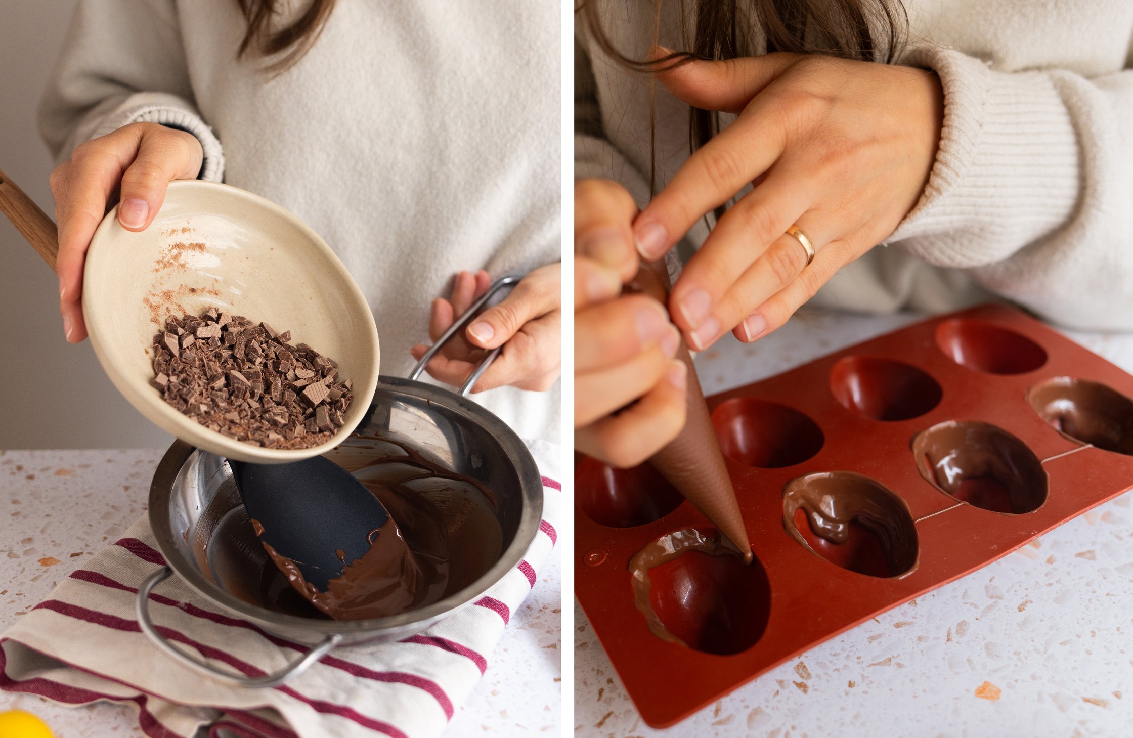 The dark chocolate is tipped out of a bowl to be melted and then poured into an egg-shaped mold.