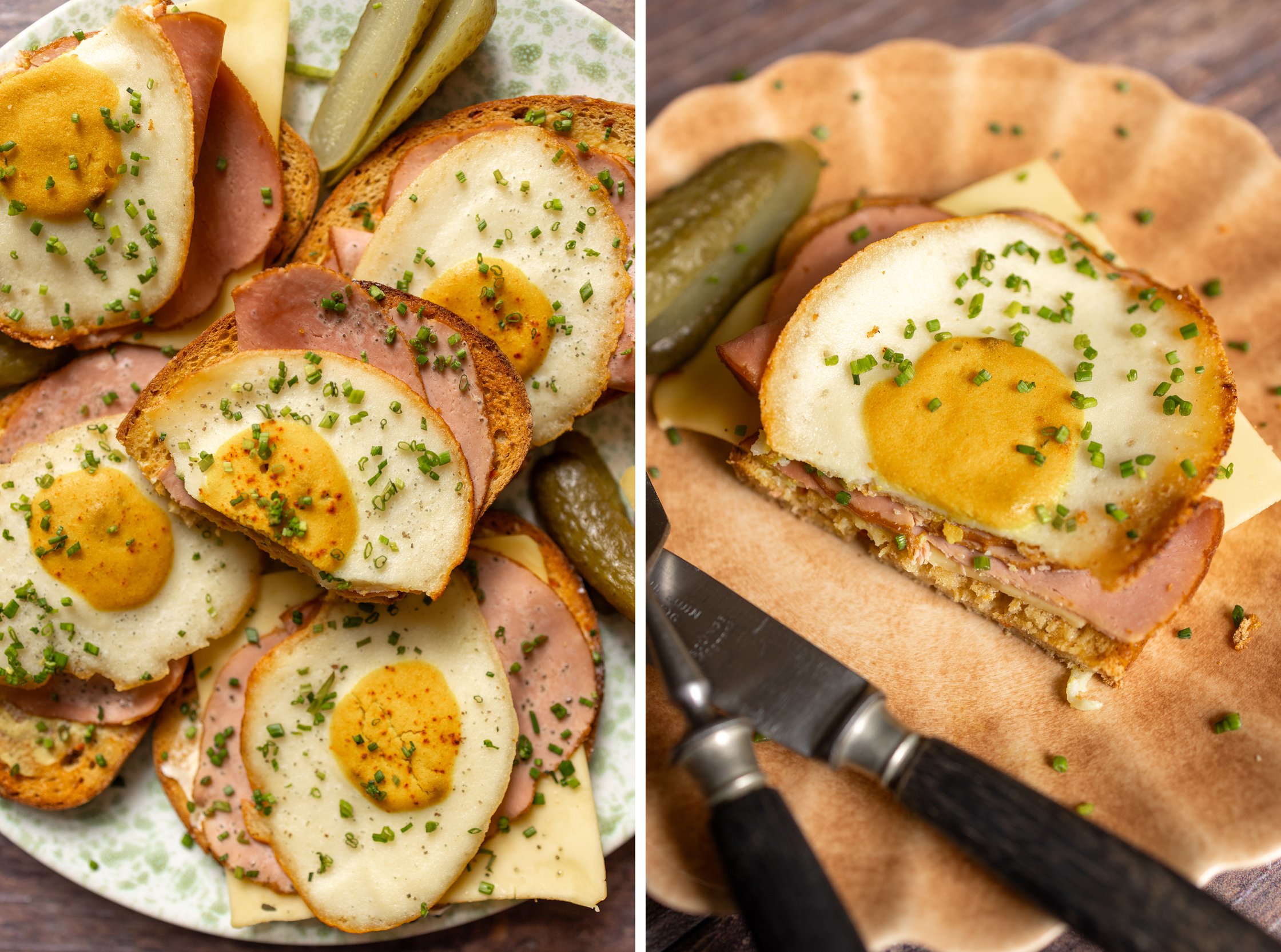 A whole platter full of fried-egg sandwiches. And on the right side, a single sandwich that has been cut into.