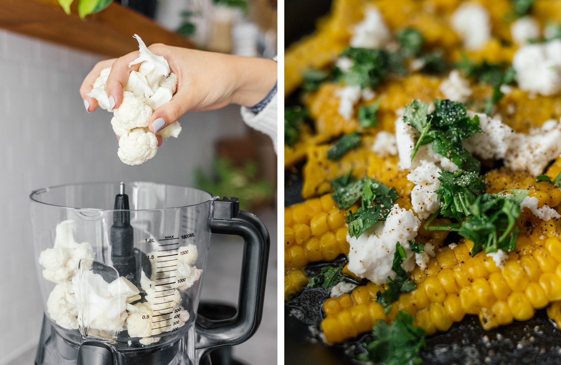 chopping cauliflower; corn with cilantro and feta cheese in a pan