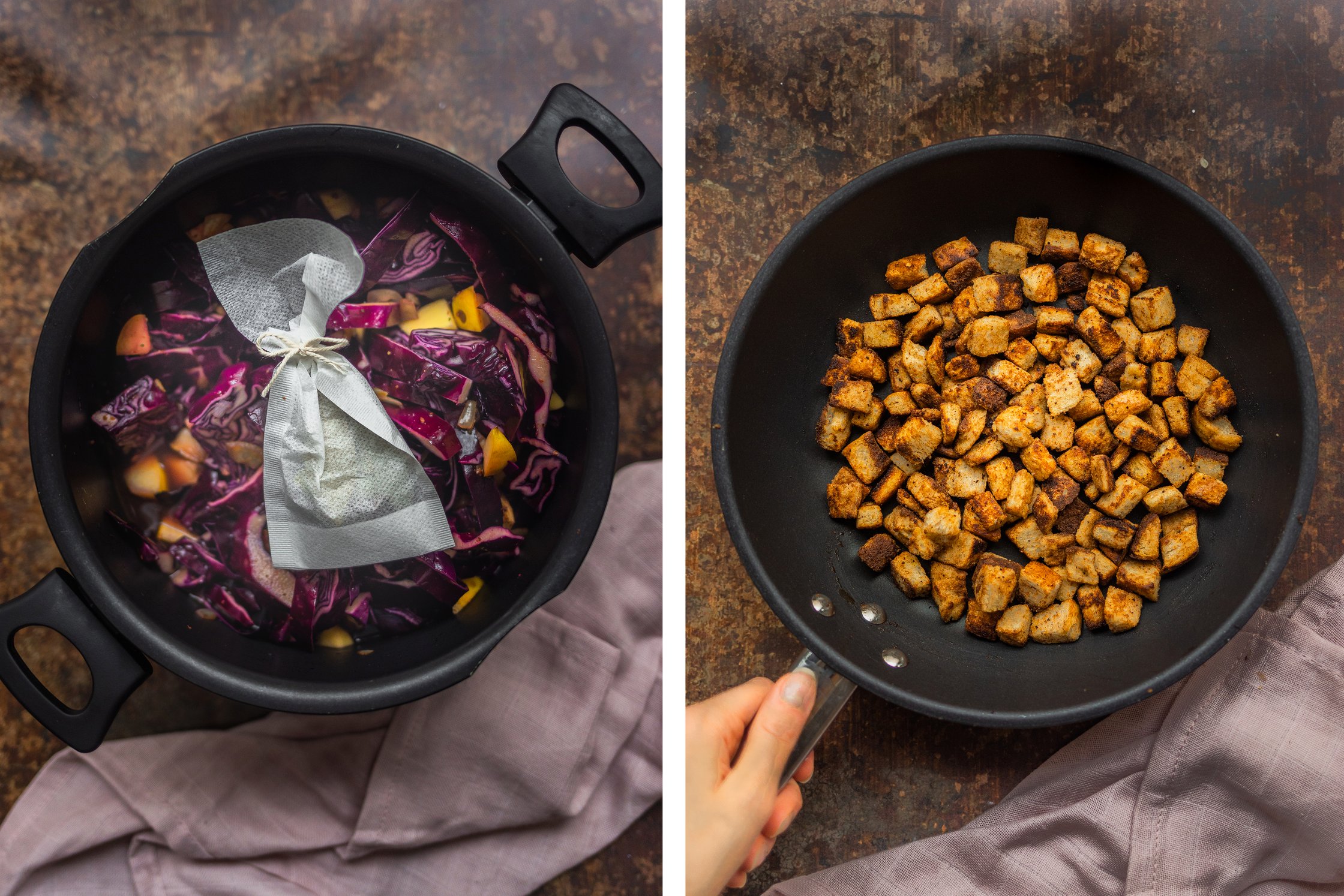 Red cabbage is cooked in a pan with spices and croutons are fried in another pan.