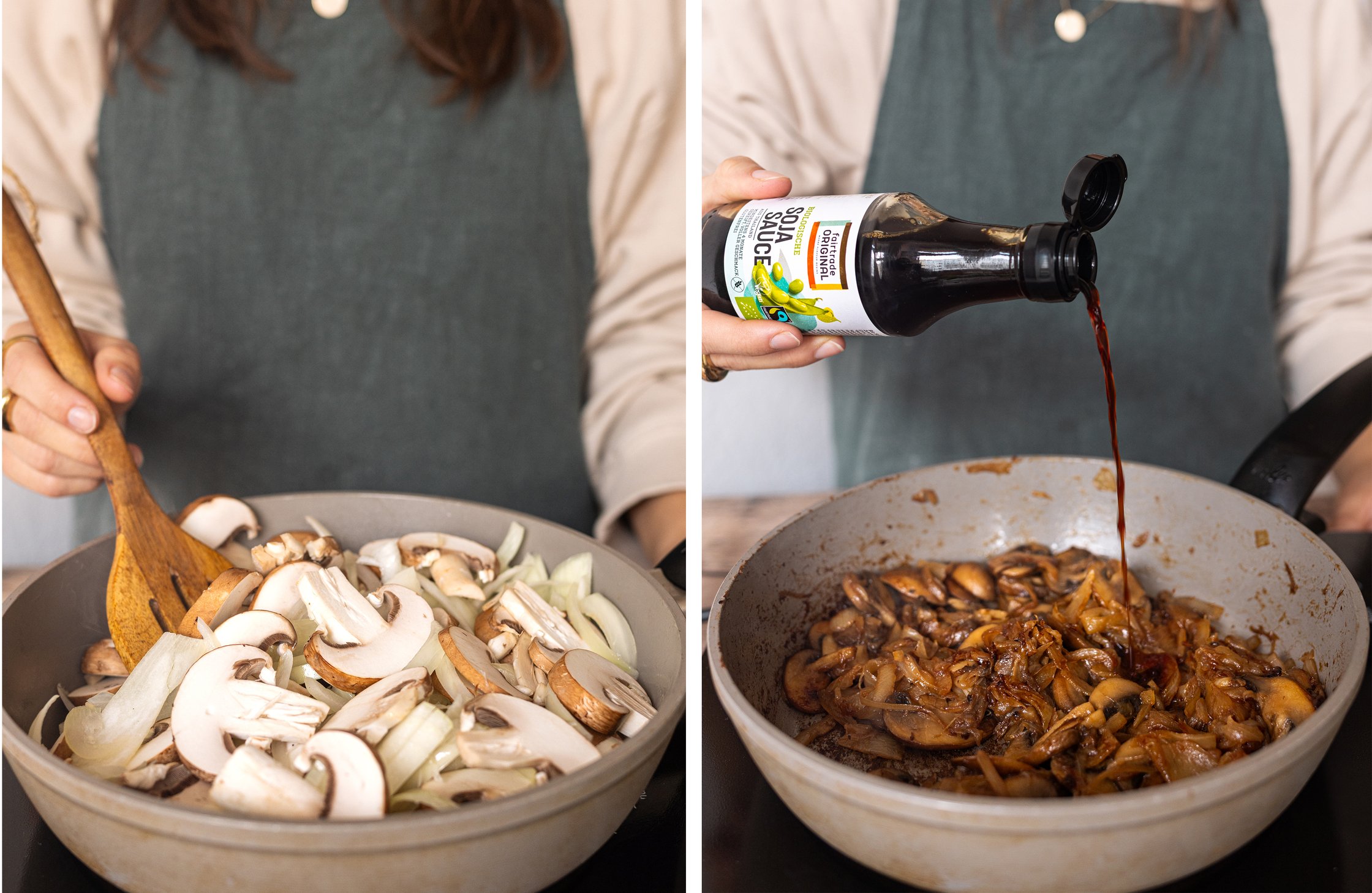 Two-part image - Left: Mushrooms and onions in a pan. Right: Onions and mushrooms fried with soy sauce.