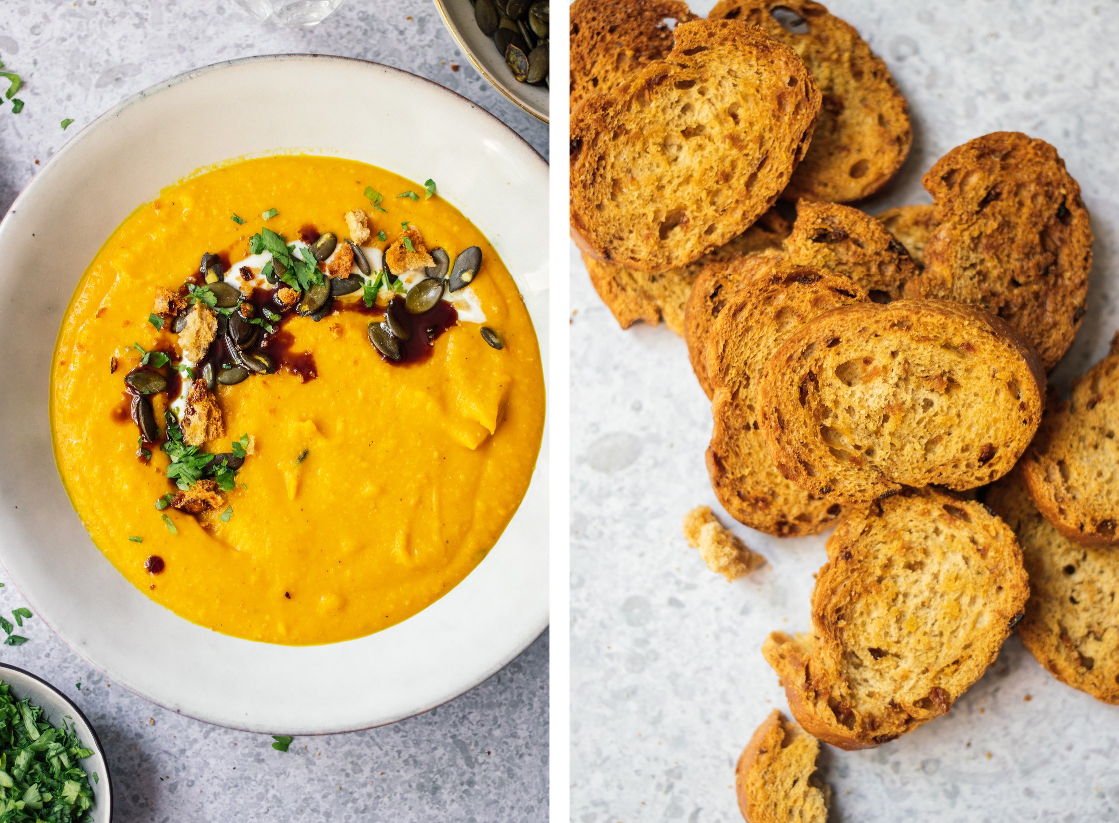 crispy bread slices as a topping for vegan pumpkin soup