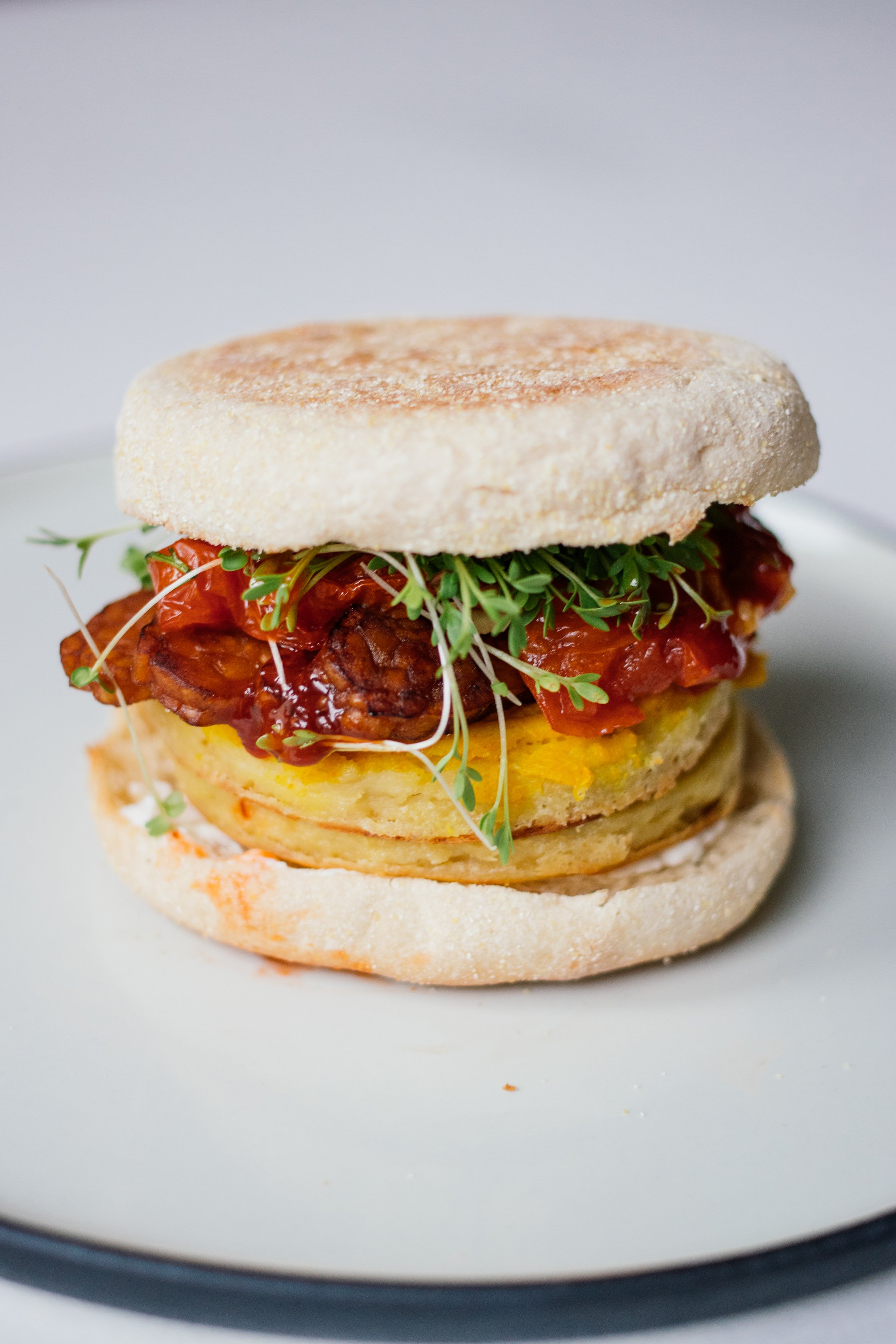 closeup of vegan breakfast sandwich