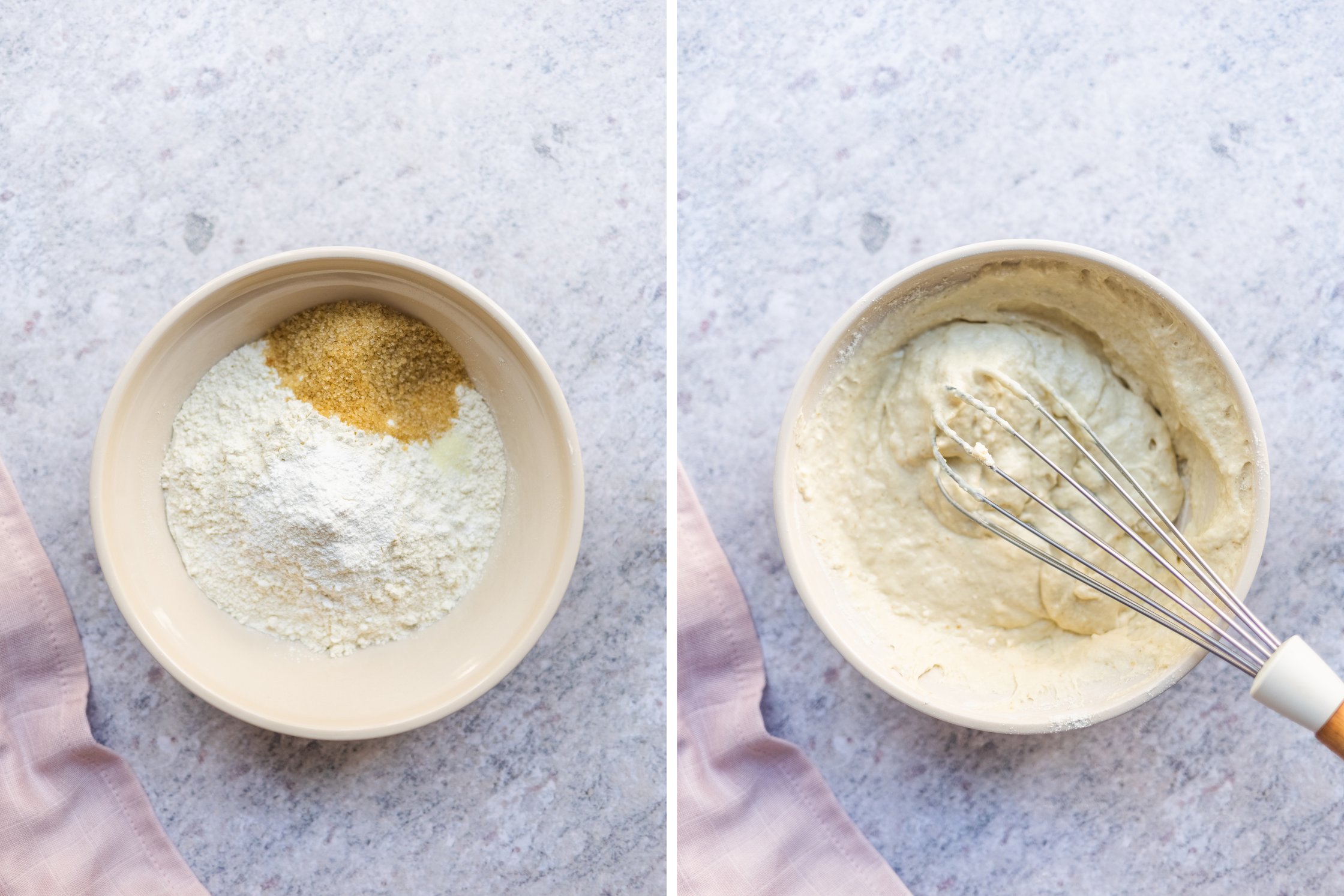 ingredients for vegan pancakes in a bowl, mixed with a whisk