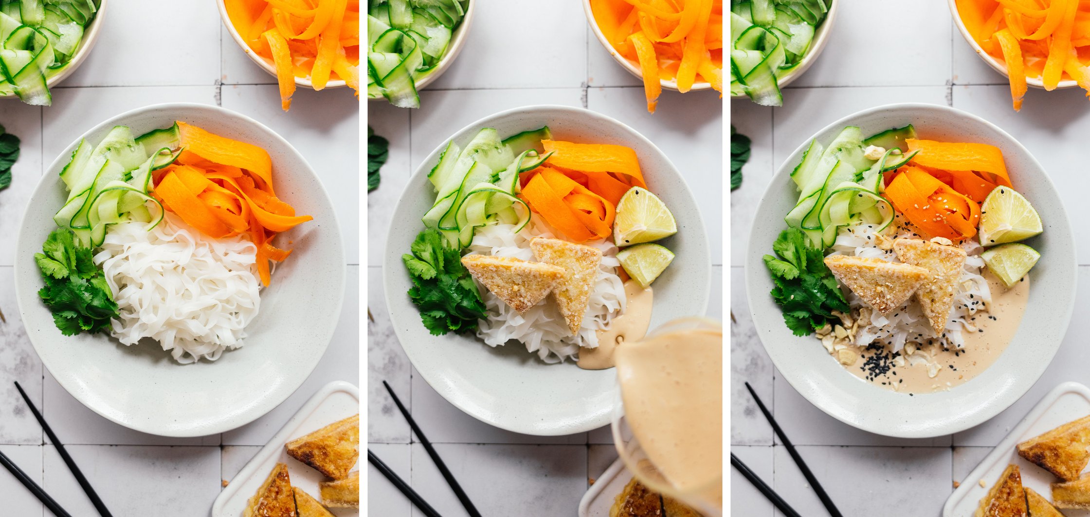 arrange a plate of rice noodles with tofu in peanut sauce step by step