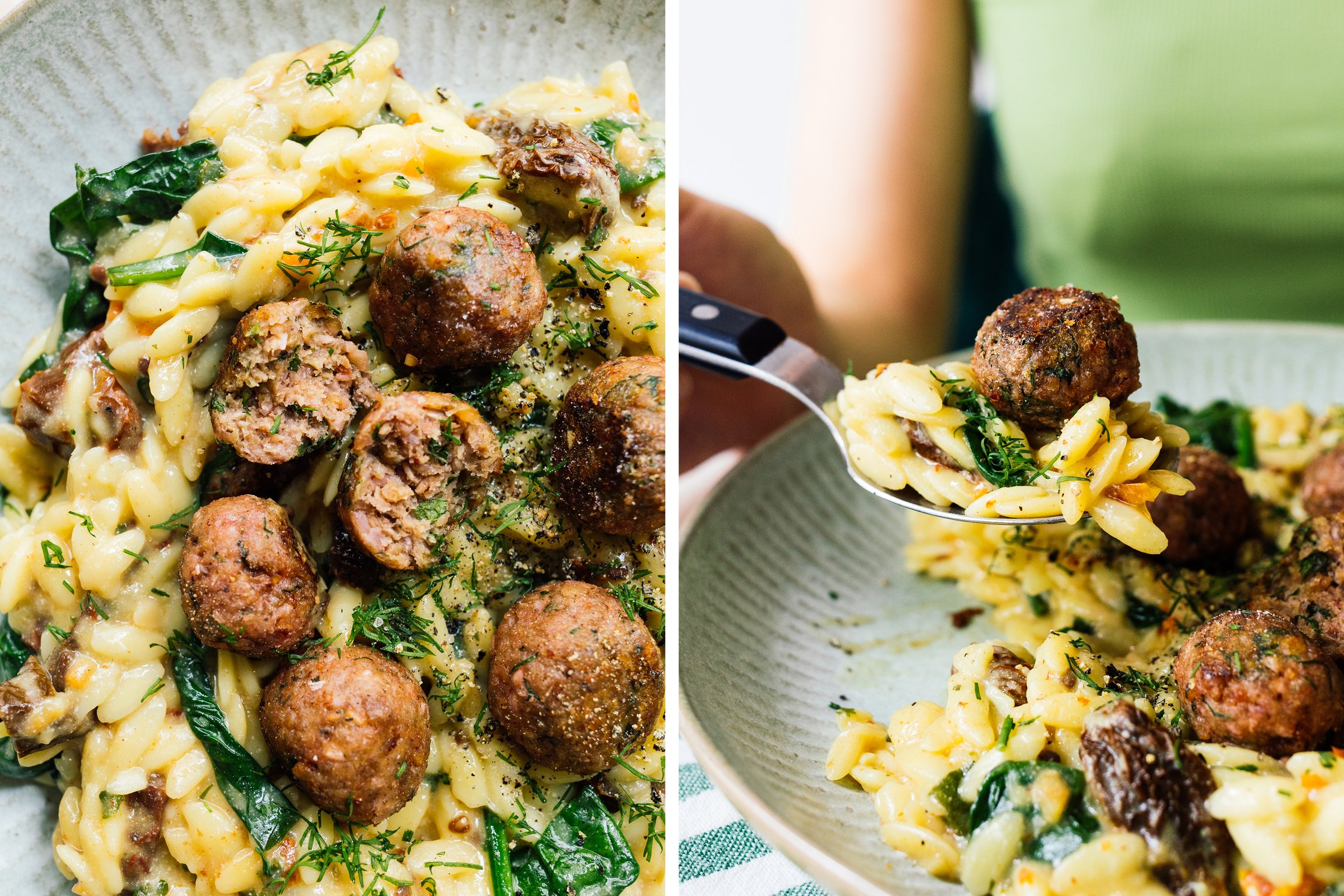 vegane Fleischbällchen auf einem Löffel Orzotto