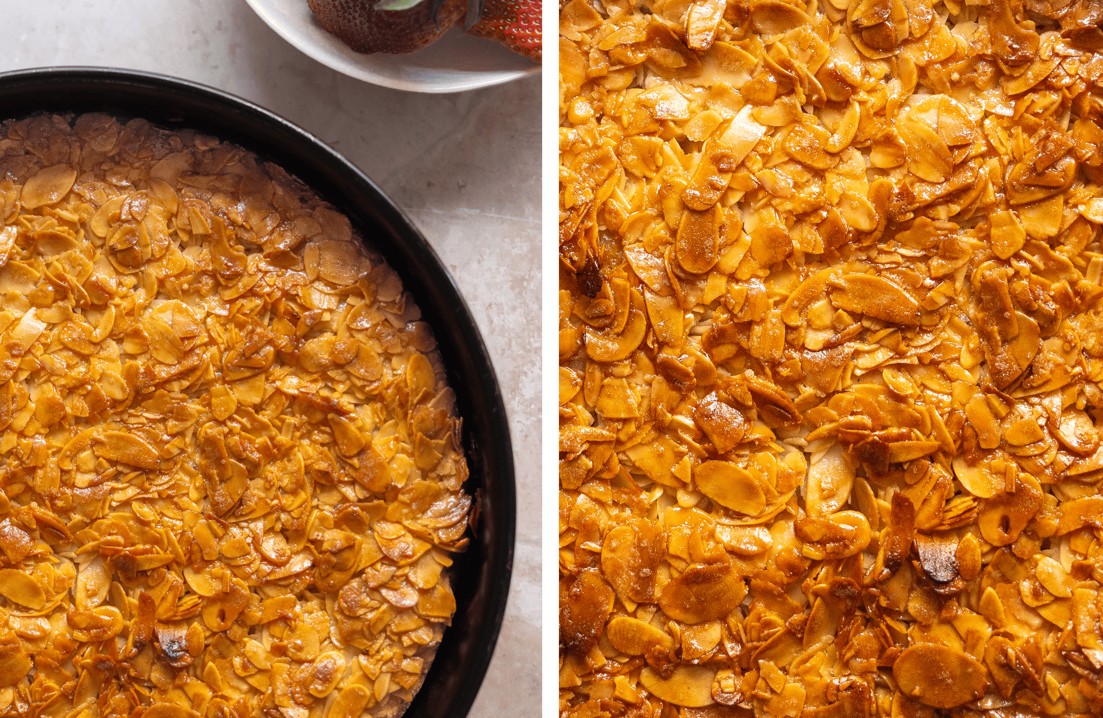 Vegan bee-sting cake in a baking pan. Close-up of the almond topping of a vegan bee-sting.