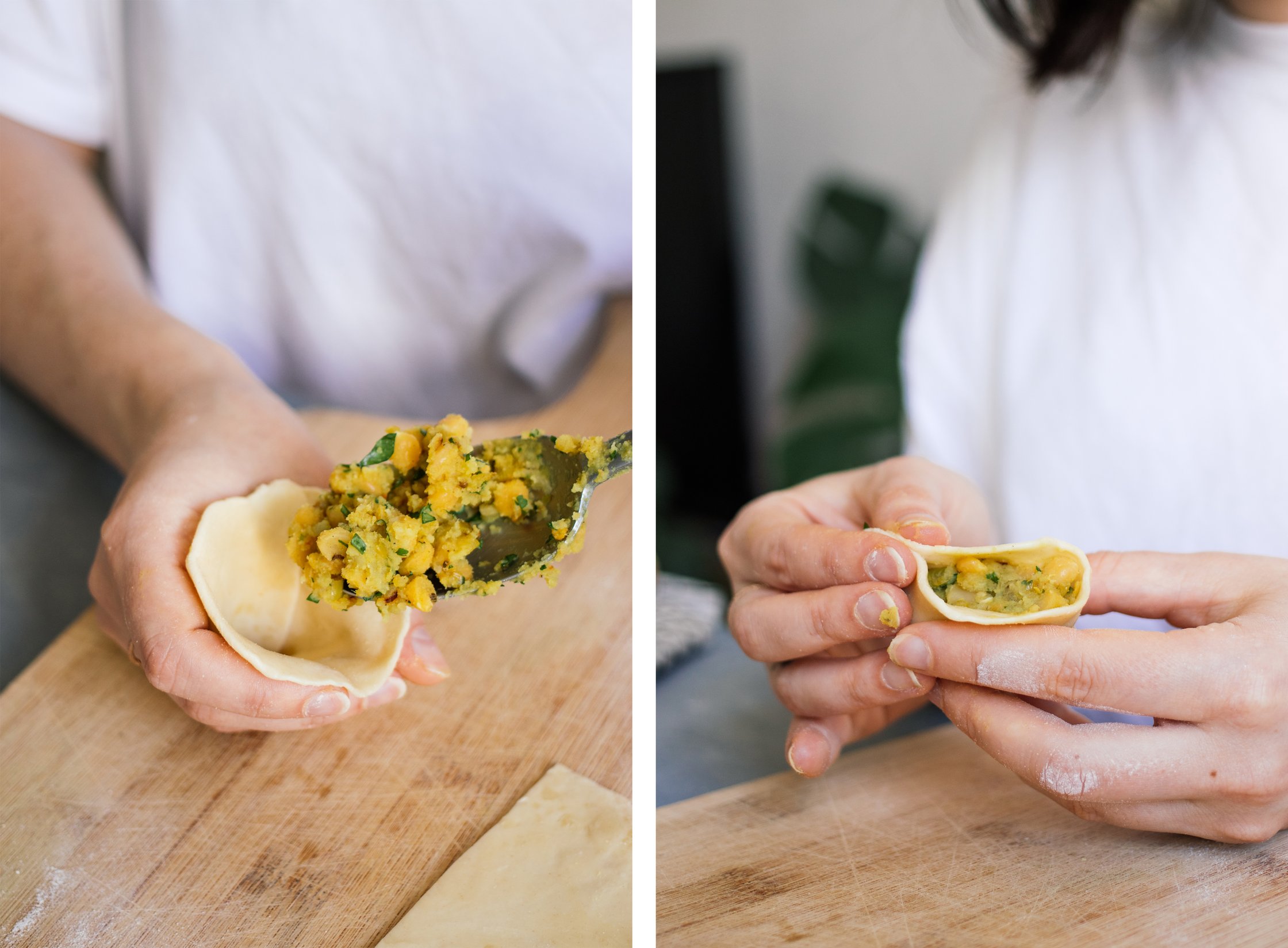 filling and sealing vegan samosas