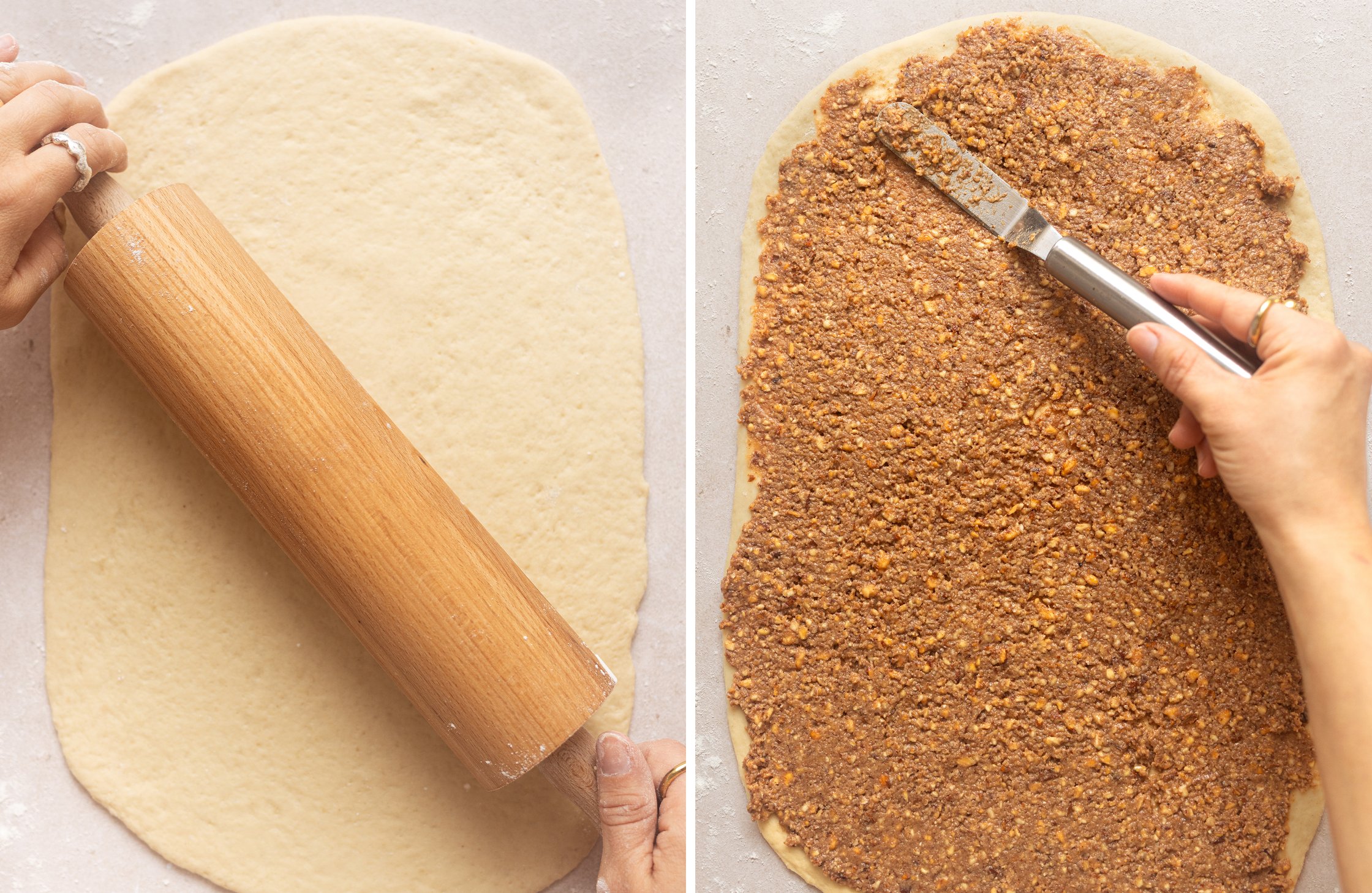 Two-part image - Left: Rolled-out yeast dough. Right: Rolled-out yeast dough with distributed nut filling.