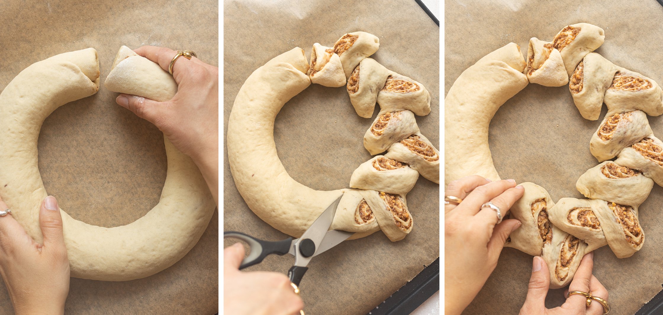 Three-part image showing how to lay and cut the Scissor Cut yeast wreath with nut filling.