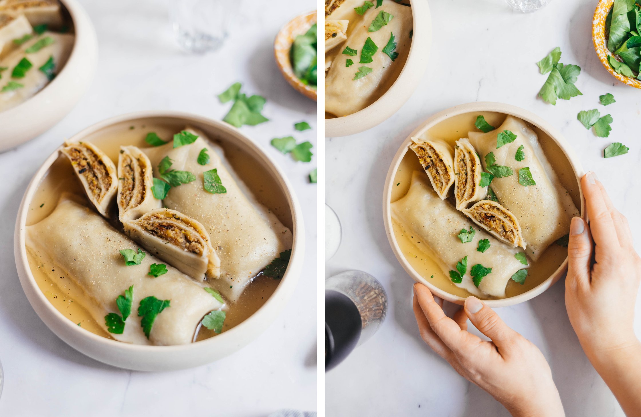 vegan Swabian pockets with veggie filling in broth