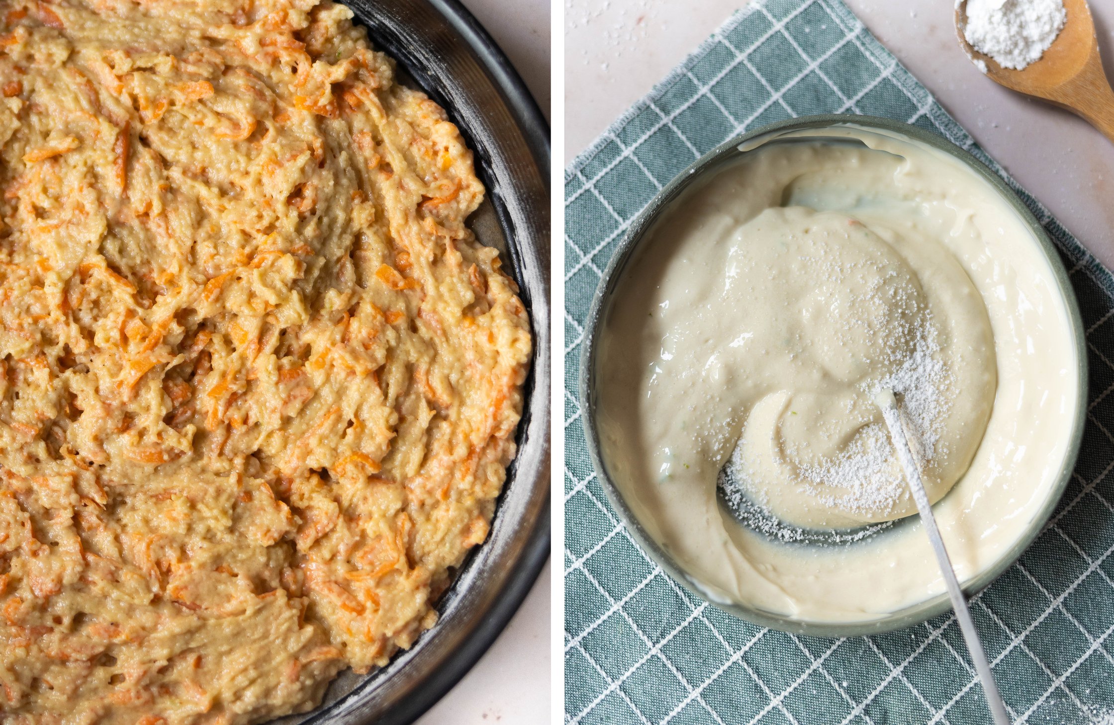 Teig in Kuchenform; Frosting mit Puderzucker in einer Schüssel