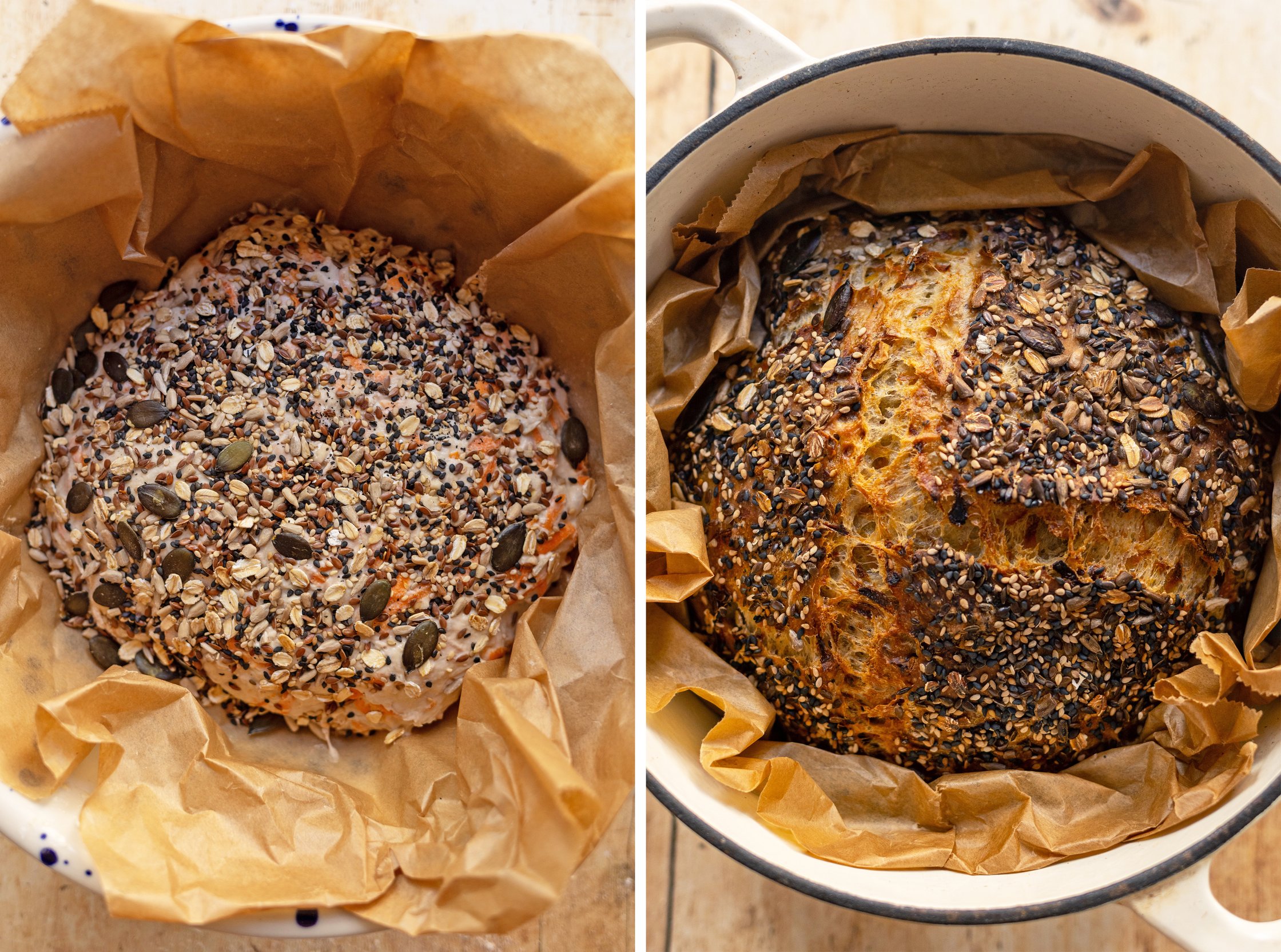 No Knead Bread With Carrots and Walnuts before and after baking
