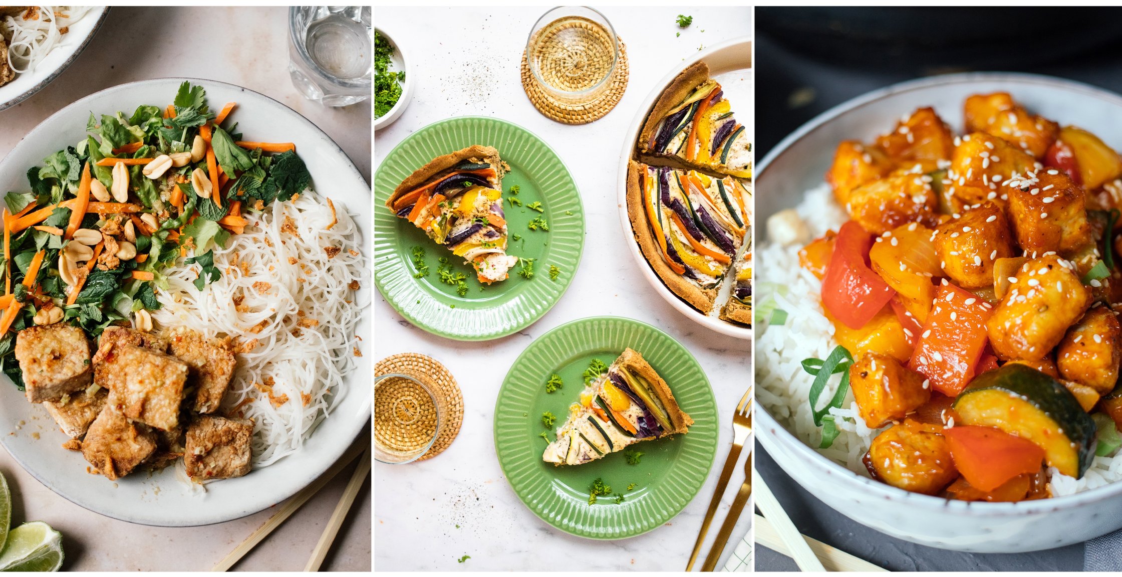 3 Rezeptfotos: veganer Reisnudelsalat mit Tofu, vegane Gemüsequiche, veganes Tofu süß-sauer mit Reis