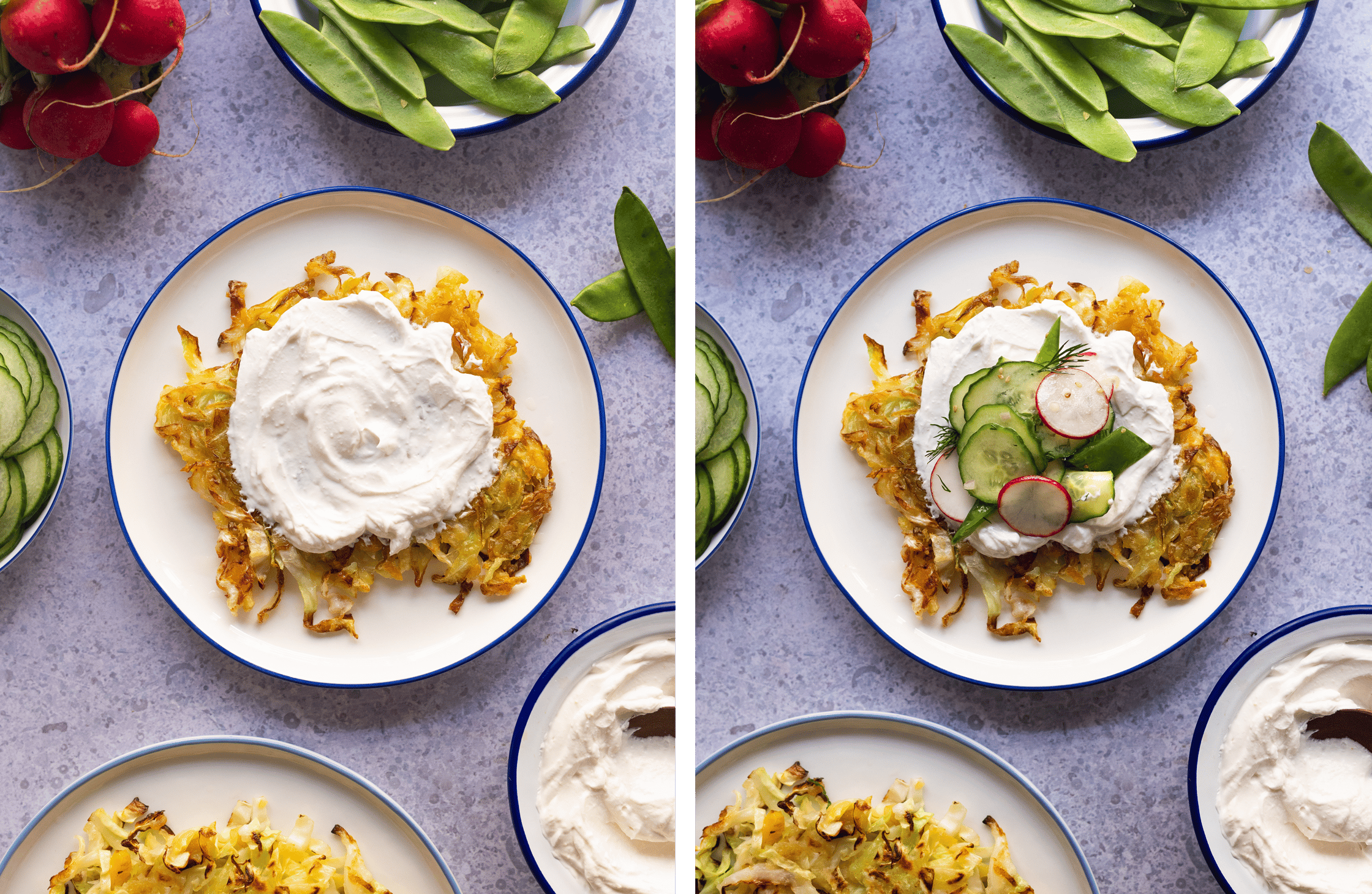 Spitzkohl-Rösti mit Sour Cream und Radieschen-Gurken-Zuckerschoten-Salat