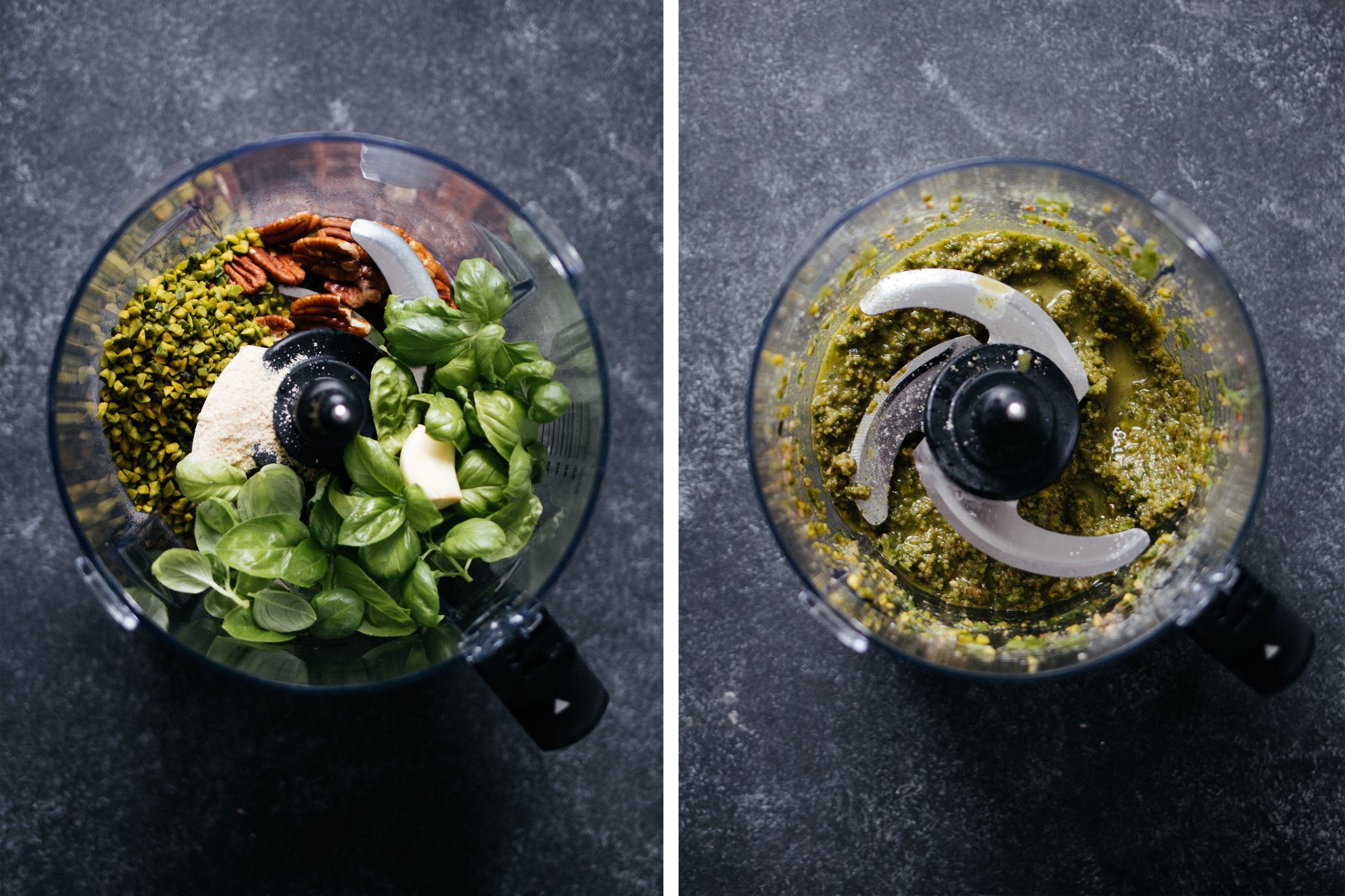 Pistazienpesto links mit Zutaten und rechts gemixt