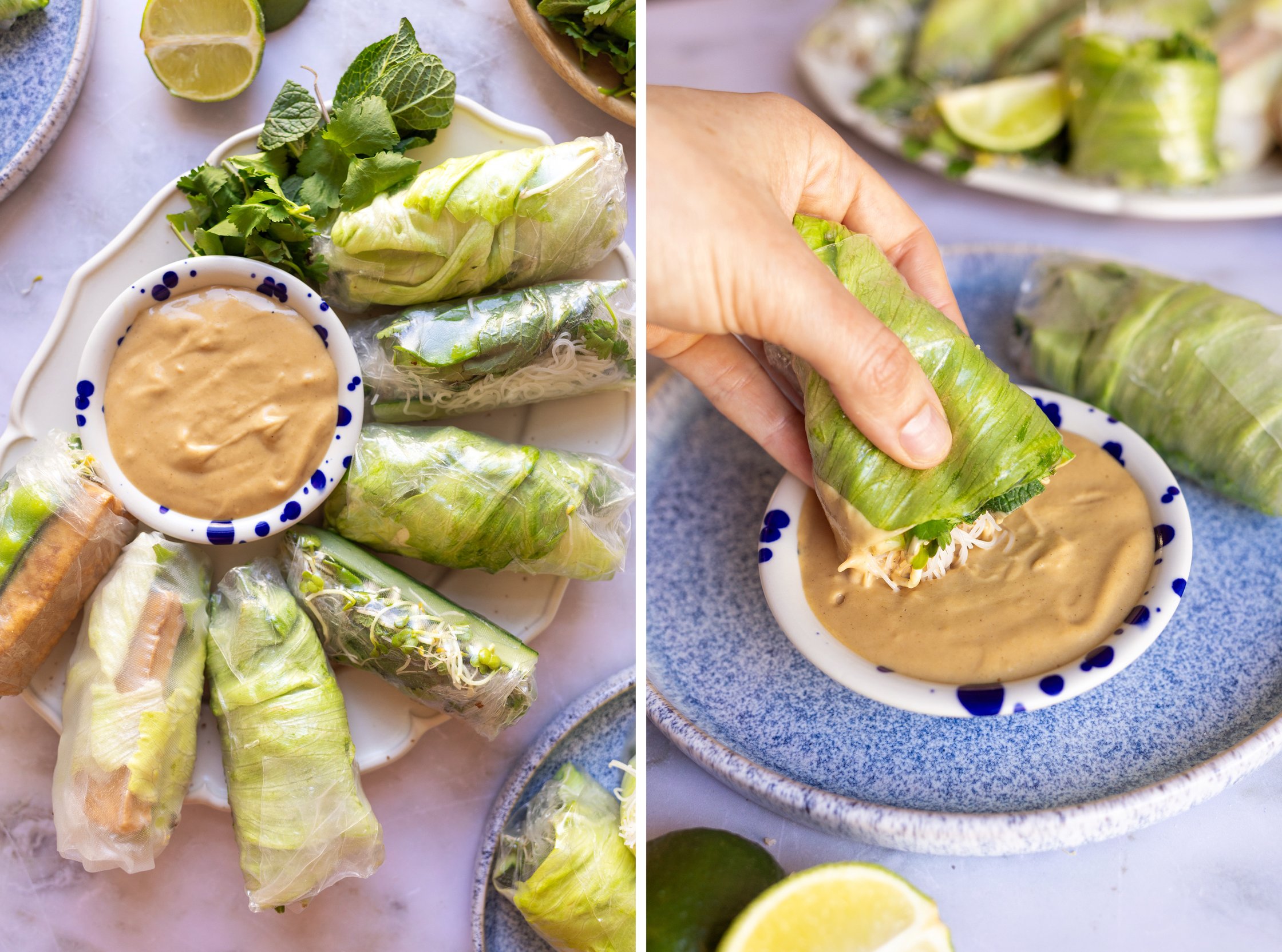 The green summer rolls, garnished with mint, are arranged in a semicircle around a creamy sesame dip, which is served in a sm