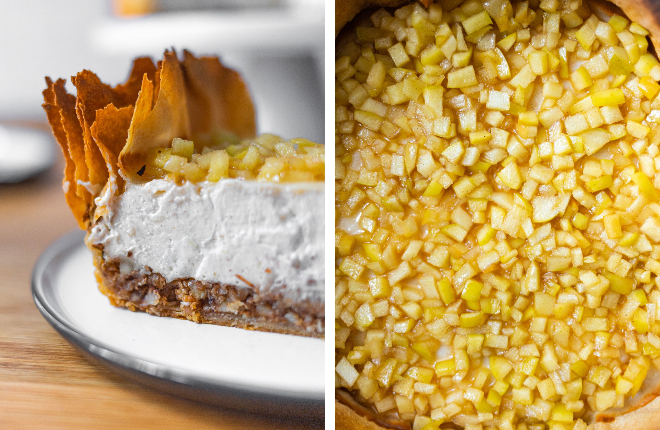 links: veganer Käsekuchen mit Äpfeln und filoteig
rechts: obere Schicht des Kuchens, Äpfel in kleine Würfel geschnitten