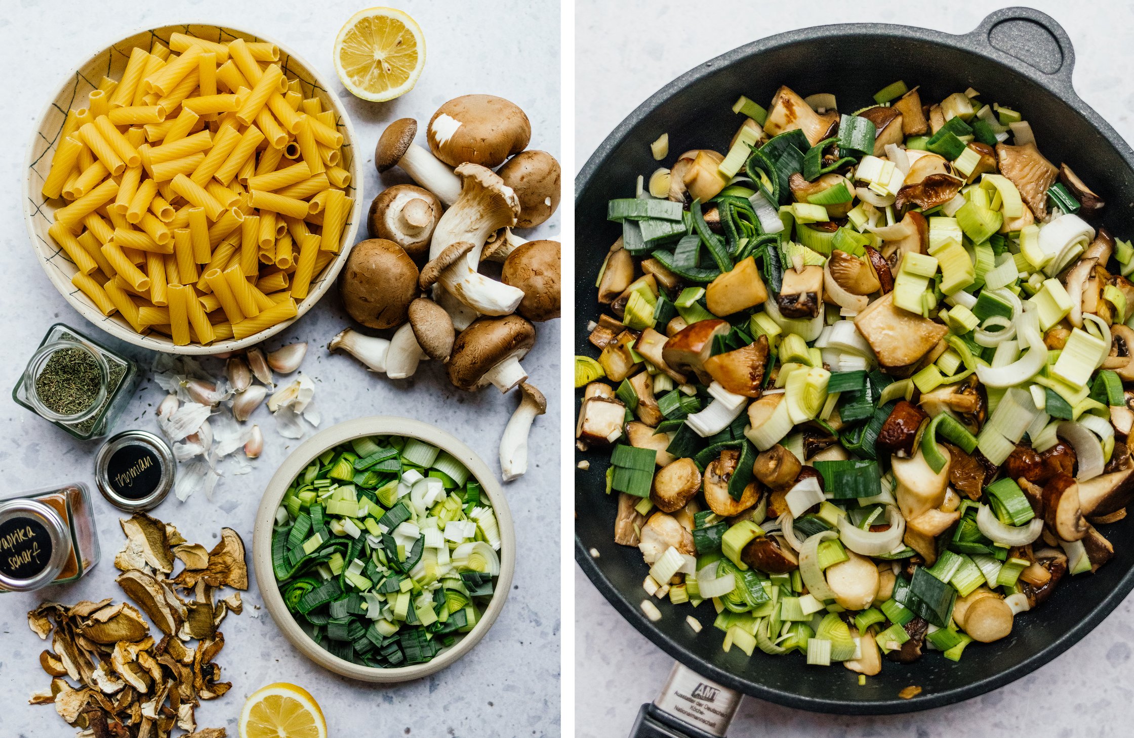 Ingredients for a sheetpan baked pasta; frying leek and mushrooms