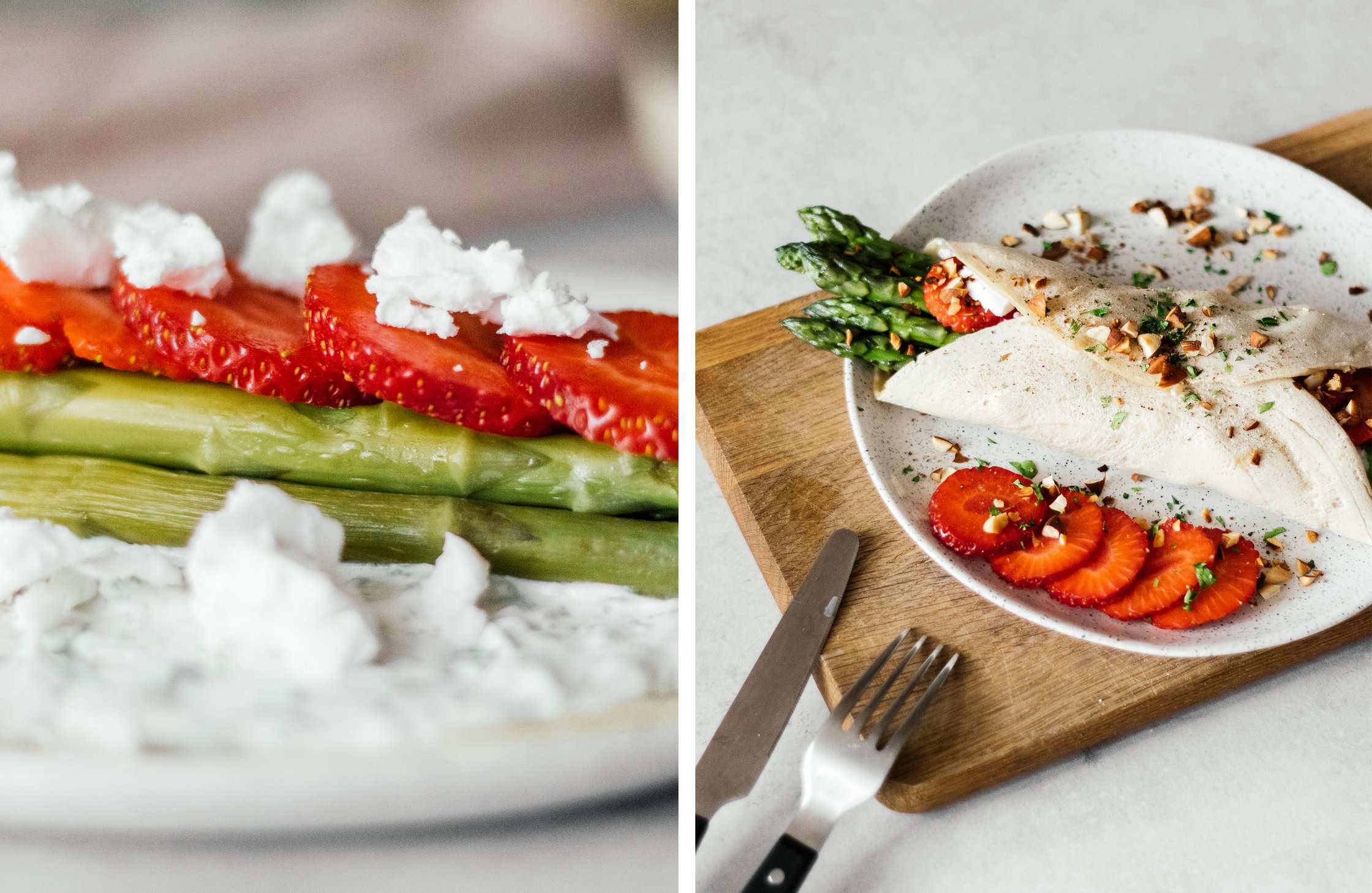vegane Pfannkuchen mit Spargel, Erdbeeren und veganem Feta