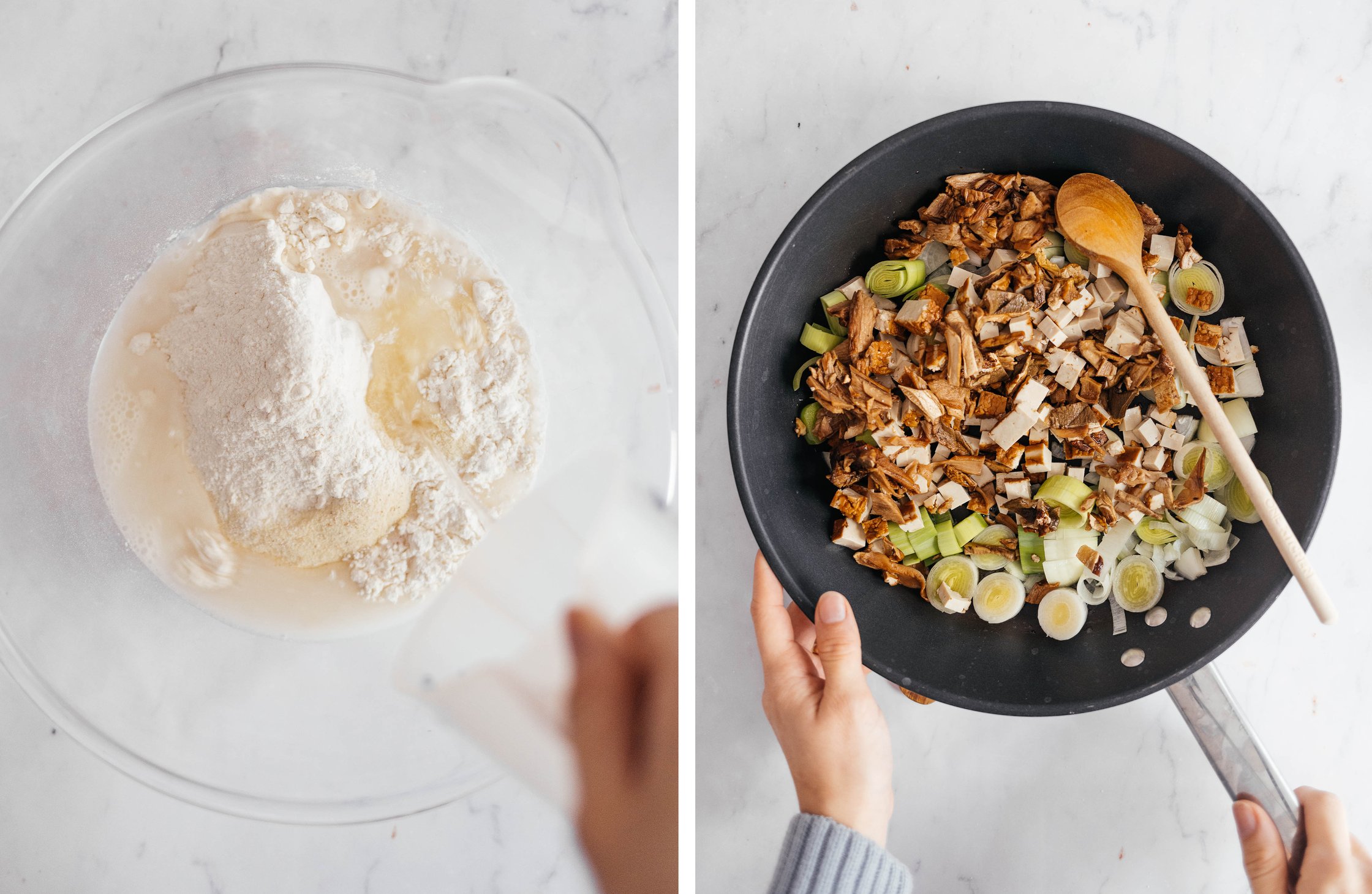 mixing dough for vegan Swabian pockets; stuffing with tofu, mushrooms and leeks