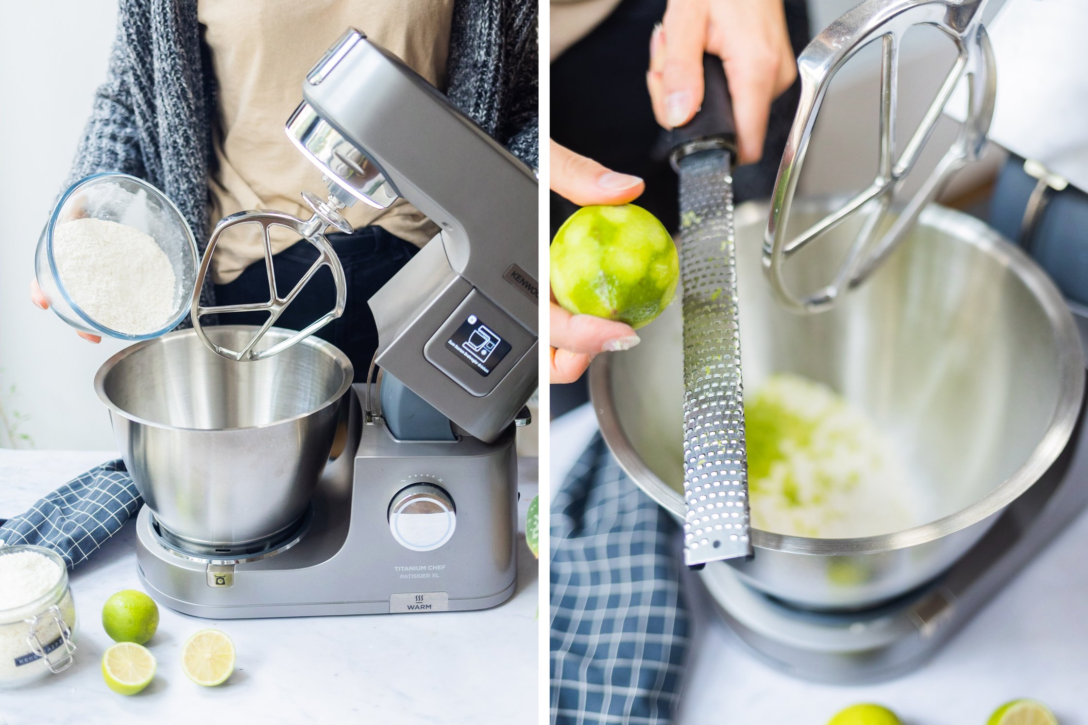 ingredients for the coconut lime cake in a stand mixer, lime zest