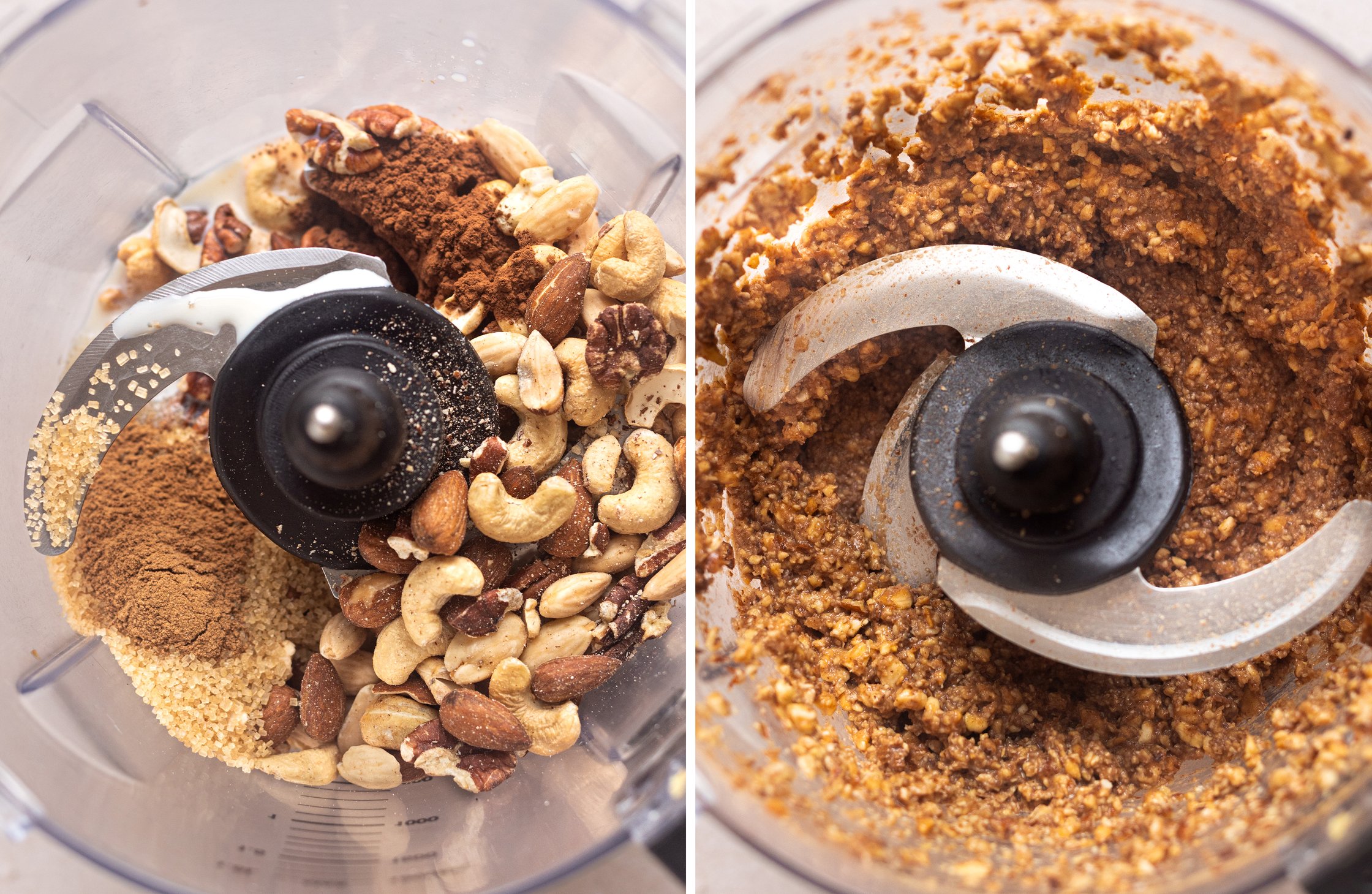 Split image - Left: Nuts in a blender, before blending. Right: Nuts in a blender after blending.