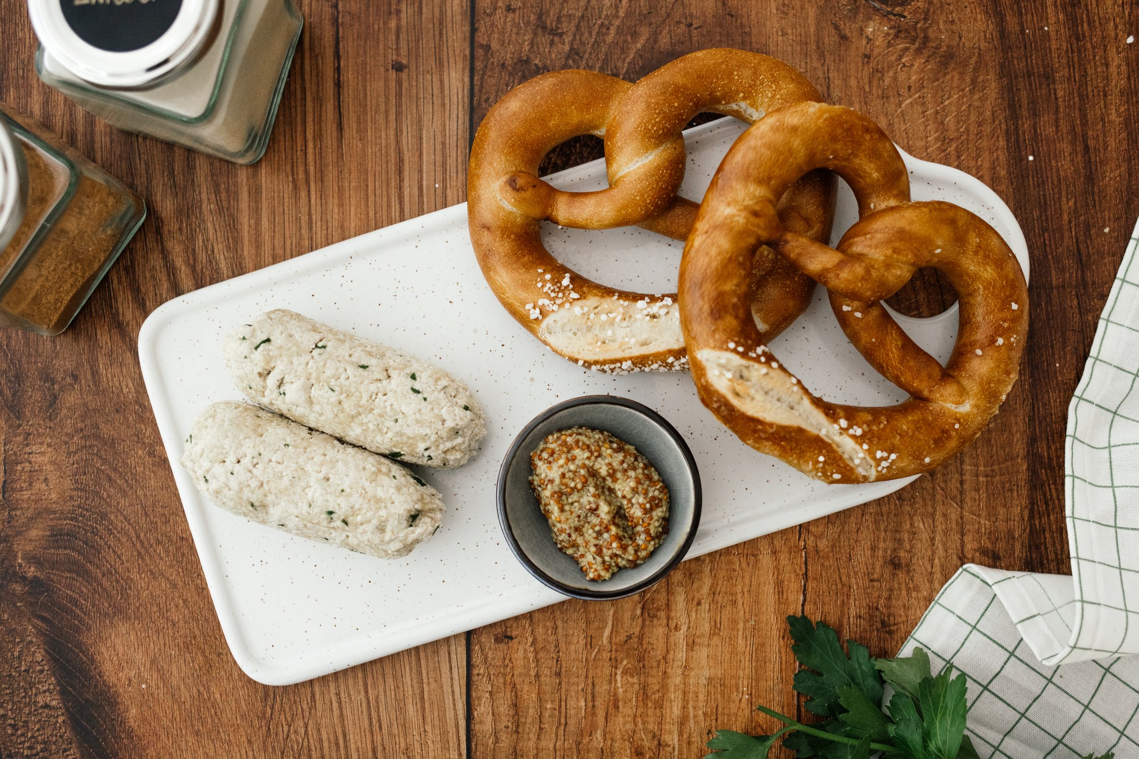 vegan veal sausages with mustard