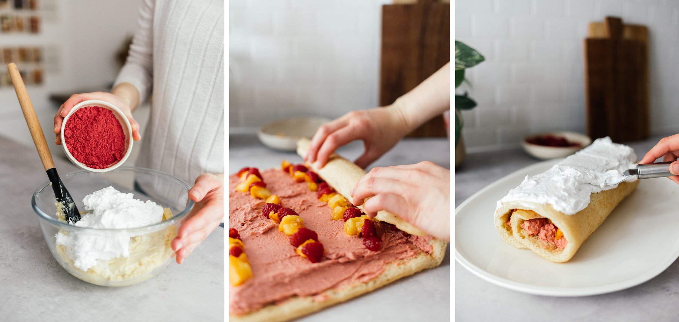 vegane Biskuitrolle füllen, aufrollen und mit Sahne bestreichen