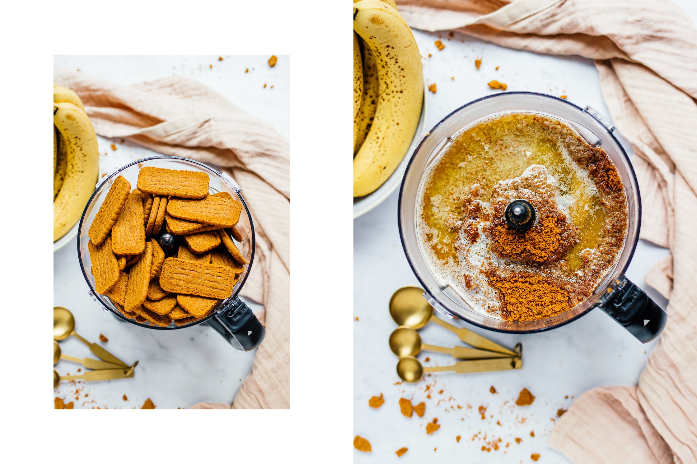 Food processor with cegn caramell cookies, finely processed vegan craham crackers