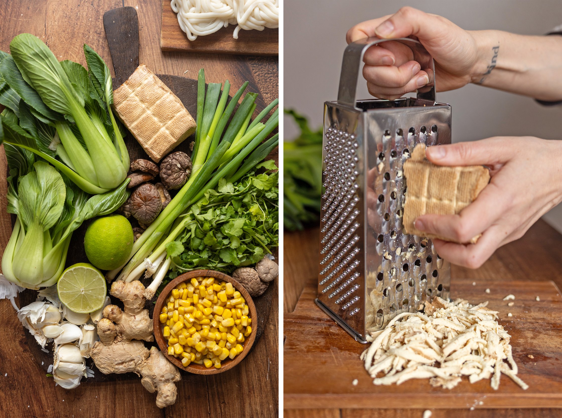 ingredients for Curry with Udon Noodles, Tofu, and Pan-Fried Corn
