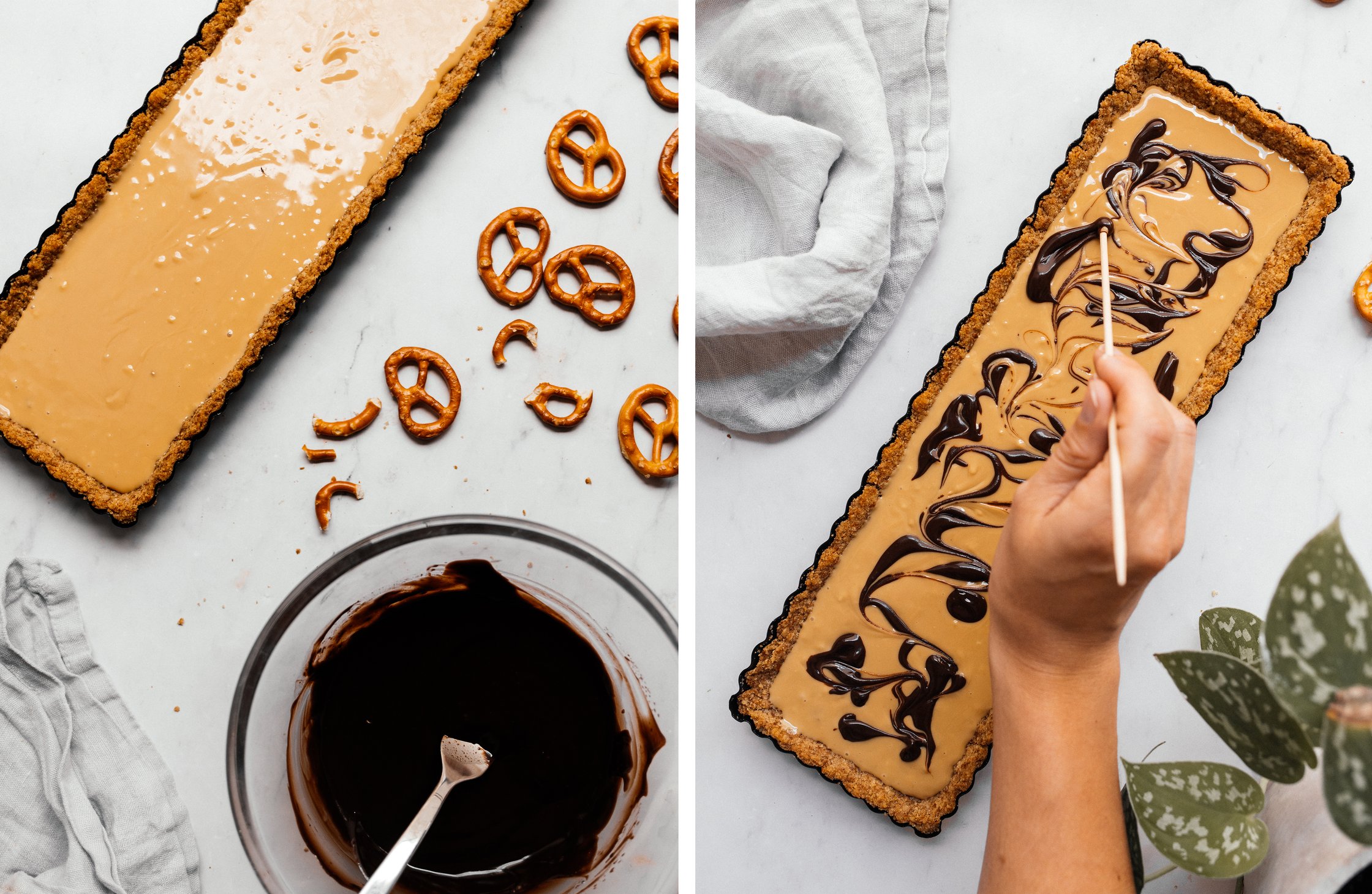 vegane Tarte mit geschmolzener Schokolade verzieren