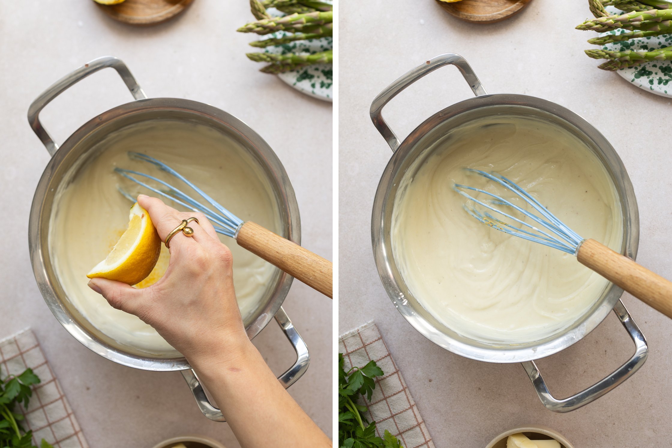 vegane Sauce Hollandaise wird mit Zitrone abgeschmeckt