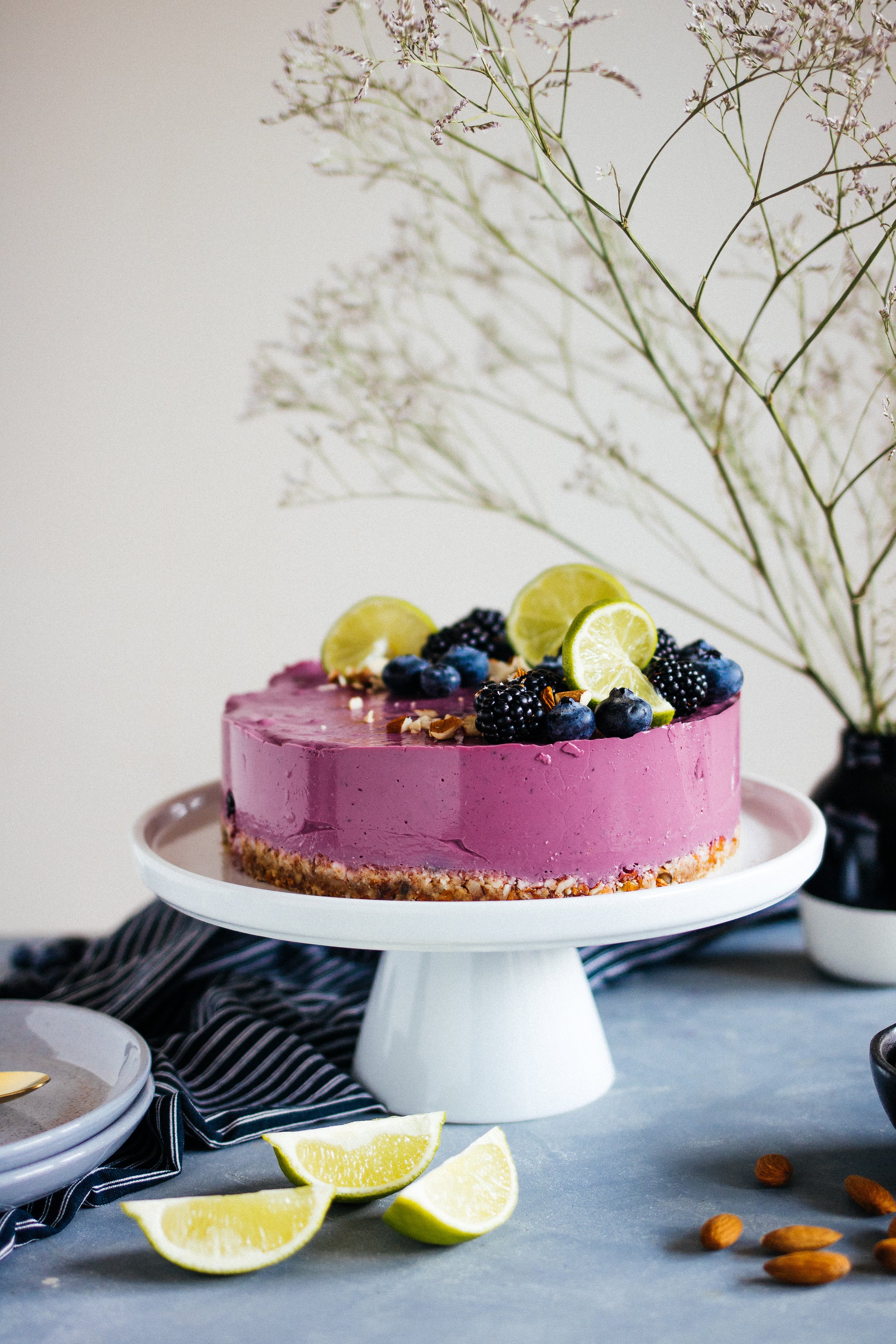 vegan blackberry cake on a cake plate