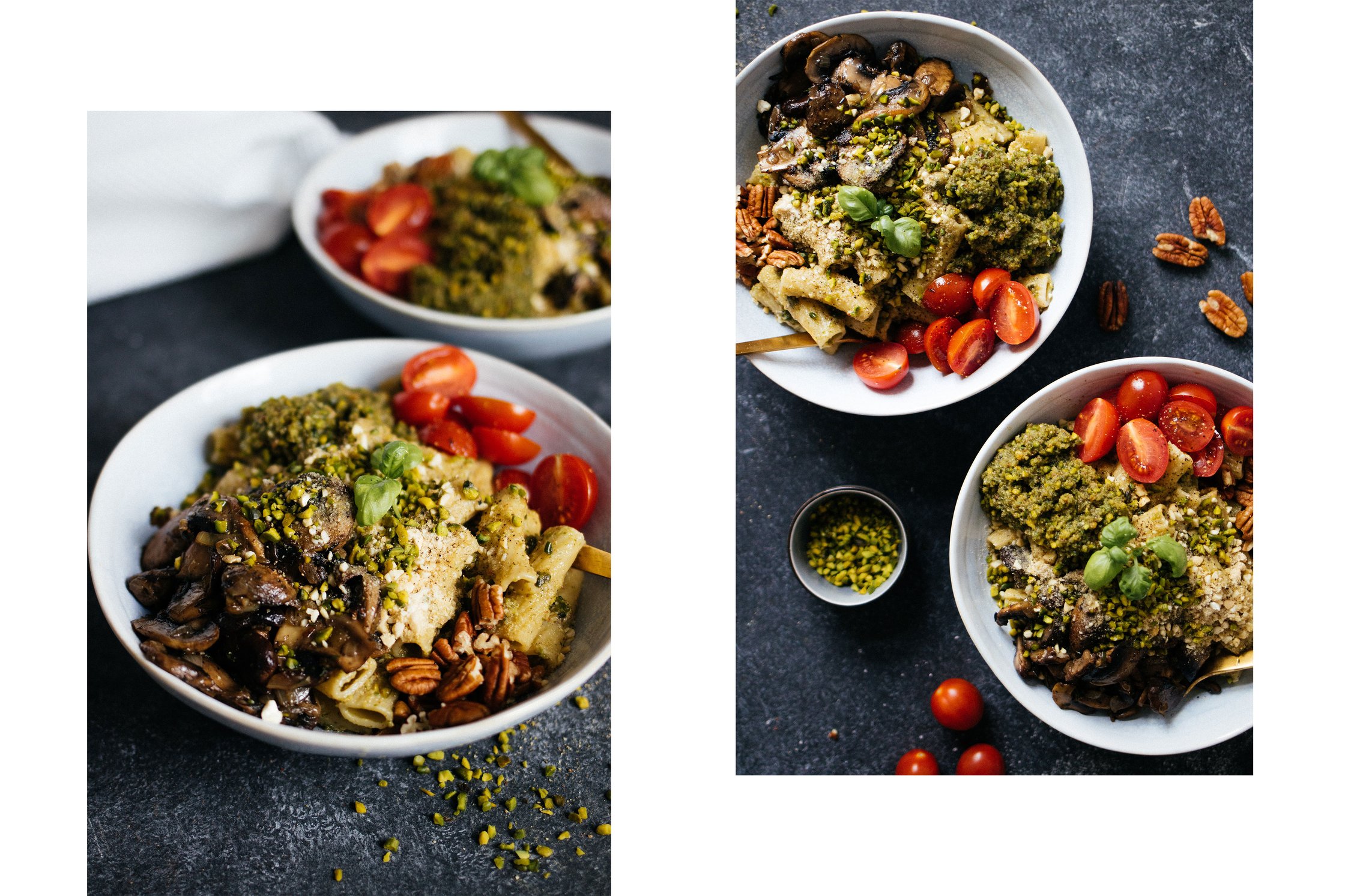 Pasta mit Pistazienpesto auf dunklem Hintergrund