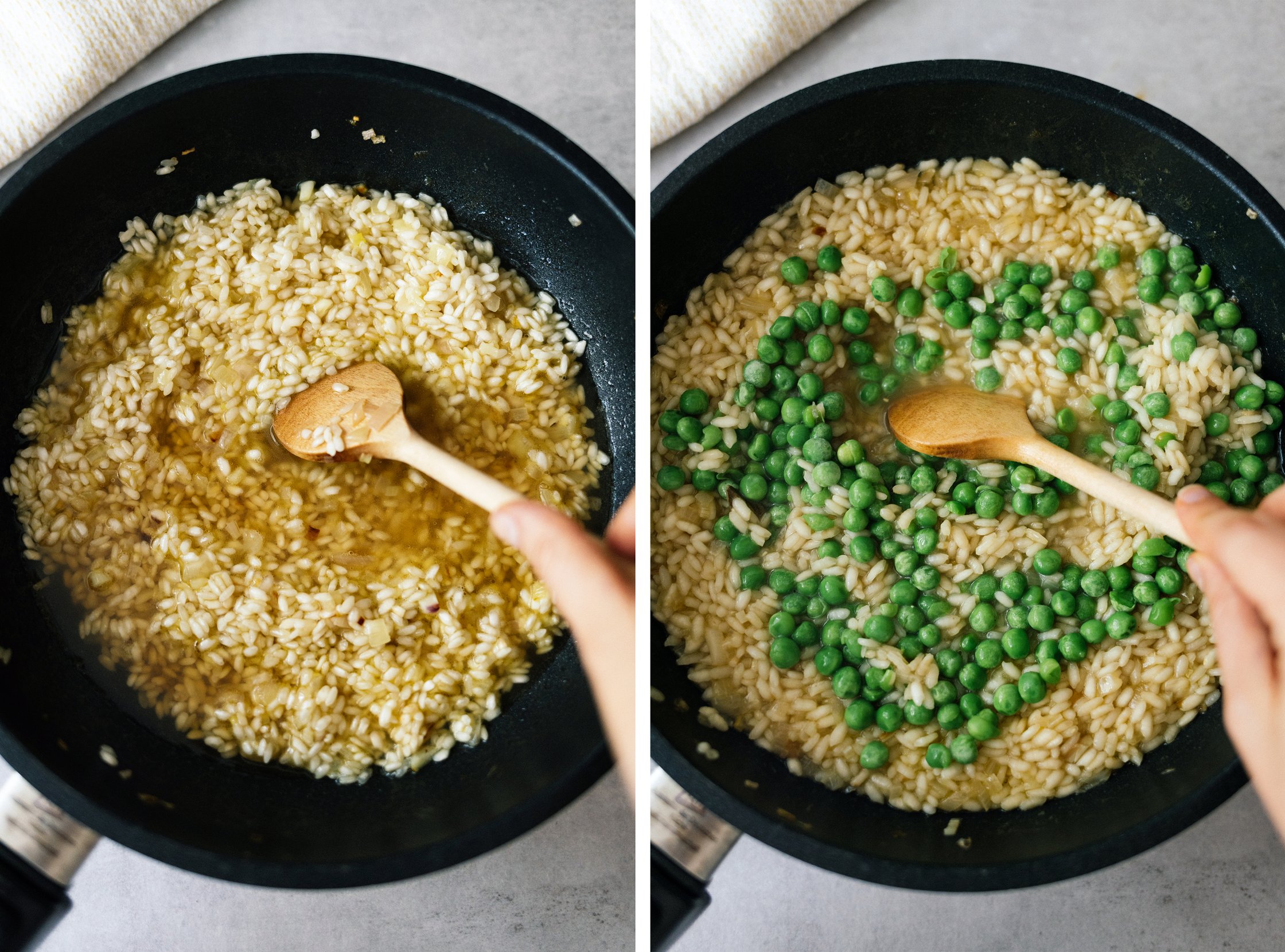 gemüsebrühe und erbsen zu veganem risotto geben