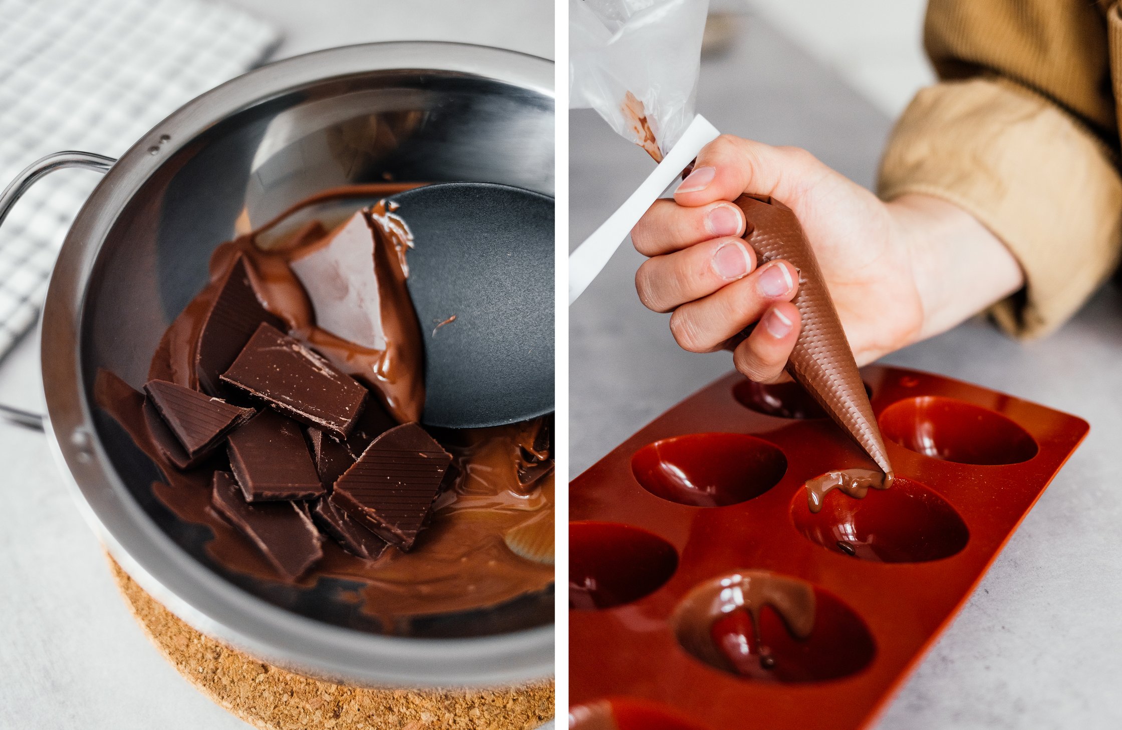melting vegan chocolate and pouring it in a silicone mold